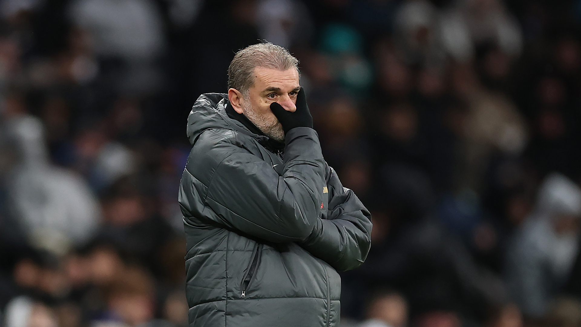 Ange Postecoglou, Manager of Tottenham Hotspur, reacts during the Premier League match between Tottenham Hotspur FC and Leicester City FC at Tottenham Hotspur Stadium on January 26, 2025 in London, England.