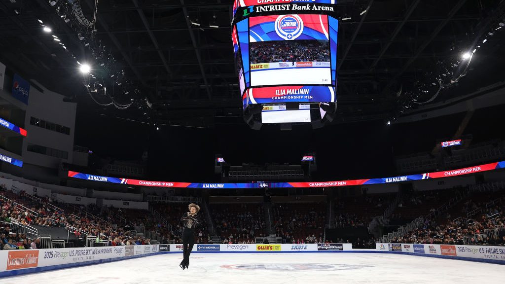 Ilia Malinin skates in the Championship Men Free Skate during the 2025 Prevagen U.S. Figure Skating Championships at Intrust Bank Arena on January 26, 2025 in Wichita, Kansas. The photos shows him leaping and spinning off the ice.