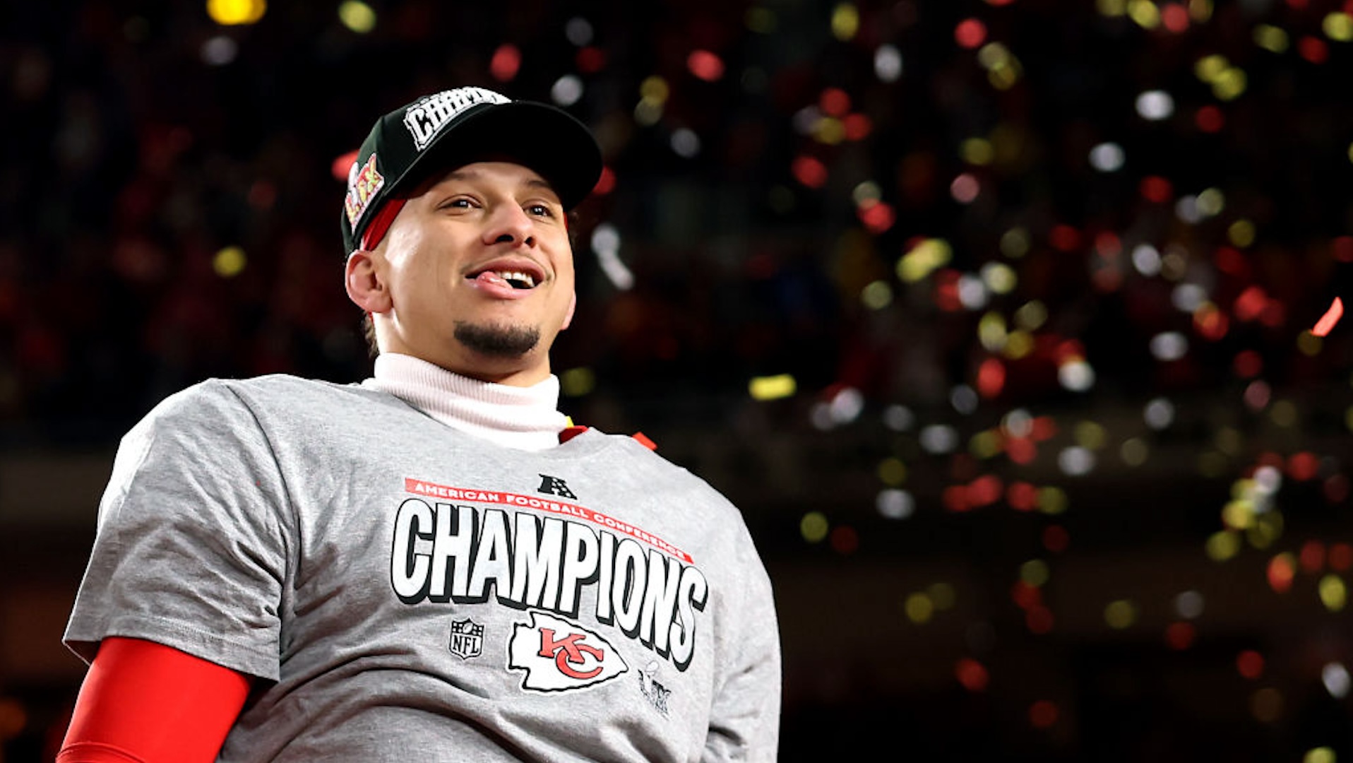 KANSAS CITY, MISSOURI - JANUARY 26: Patrick Mahomes #15 of the Kansas City Chiefs celebrates after the Chiefs defeated the Buffalo Bills 32-29 to win the AFC Championship Game at GEHA Field at Arrowhead Stadium on January 26, 2025 in Kansas City, Missouri.