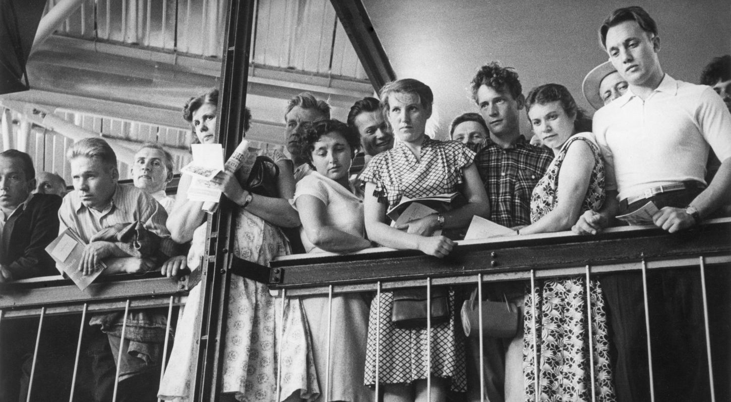 Spectators in a color television studio on an exhibition of the USA in Moscow.