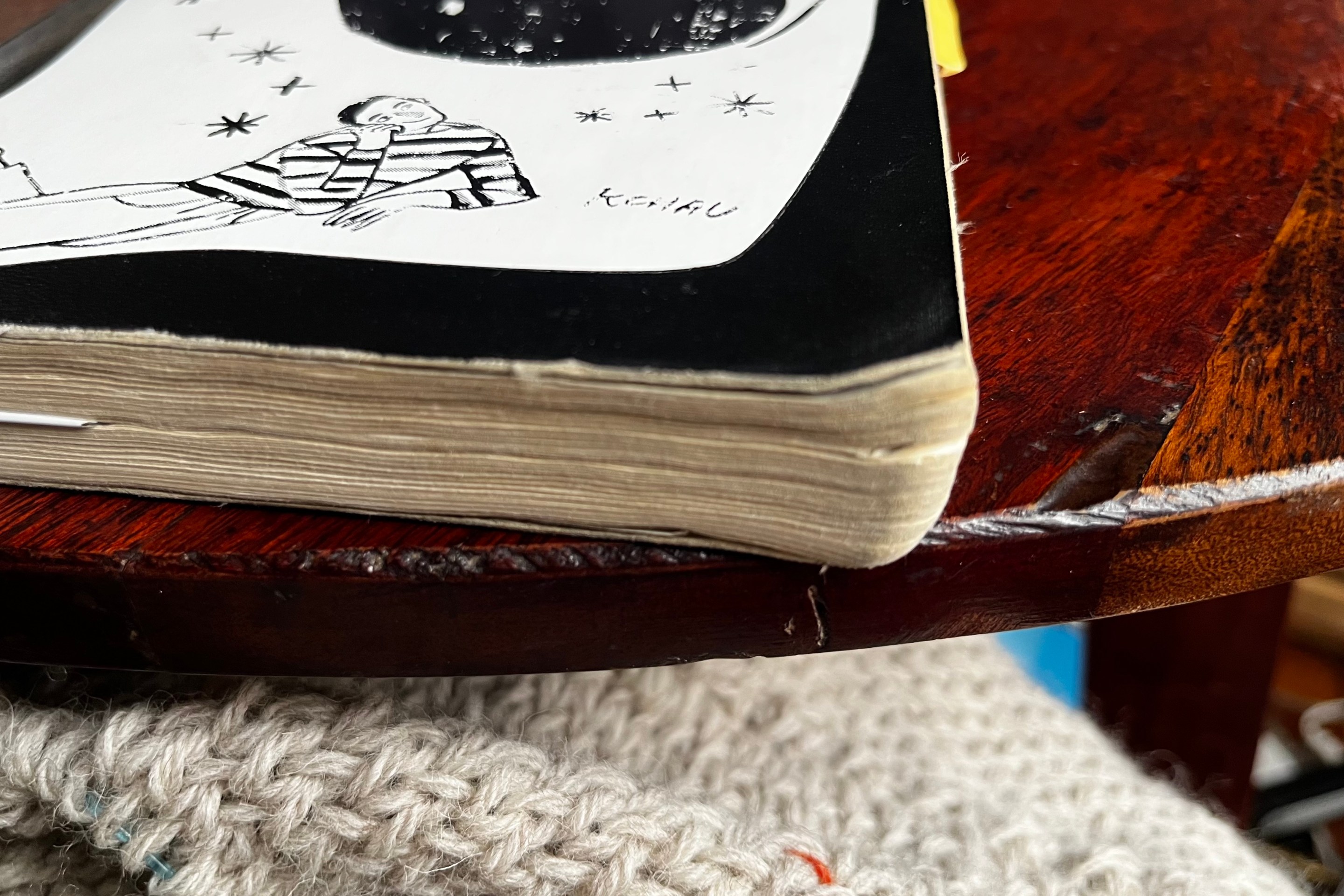 An image of one of Alex's old journals, sitting on a very nice wood table.