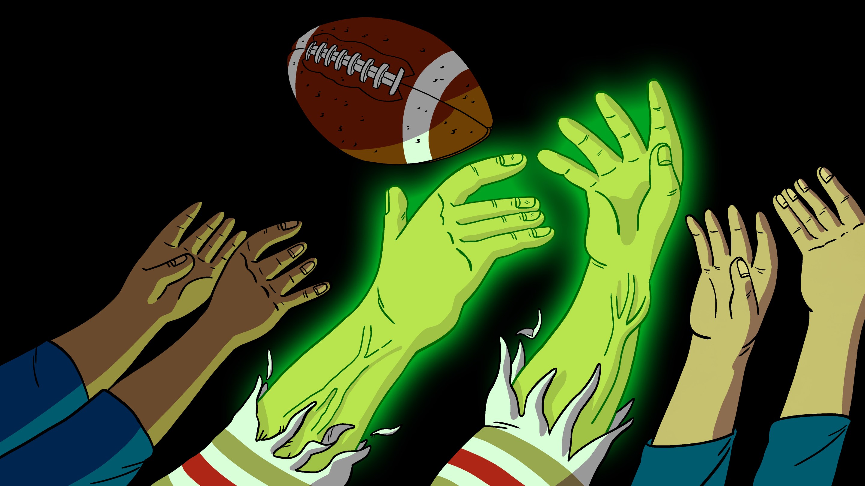 A pari of radioactive green arms catching a football over other outstretched hands