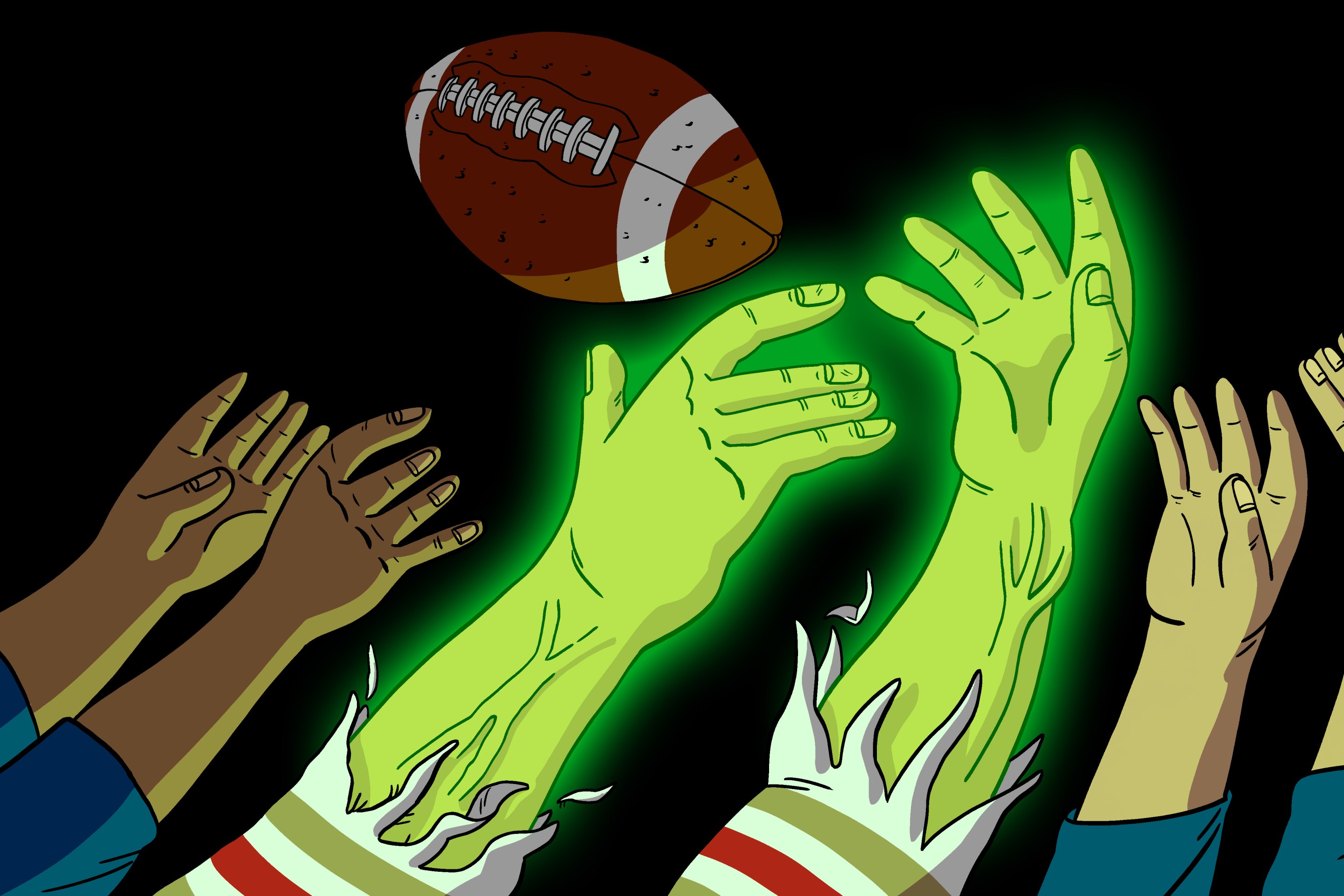 A pari of radioactive green arms catching a football over other outstretched hands