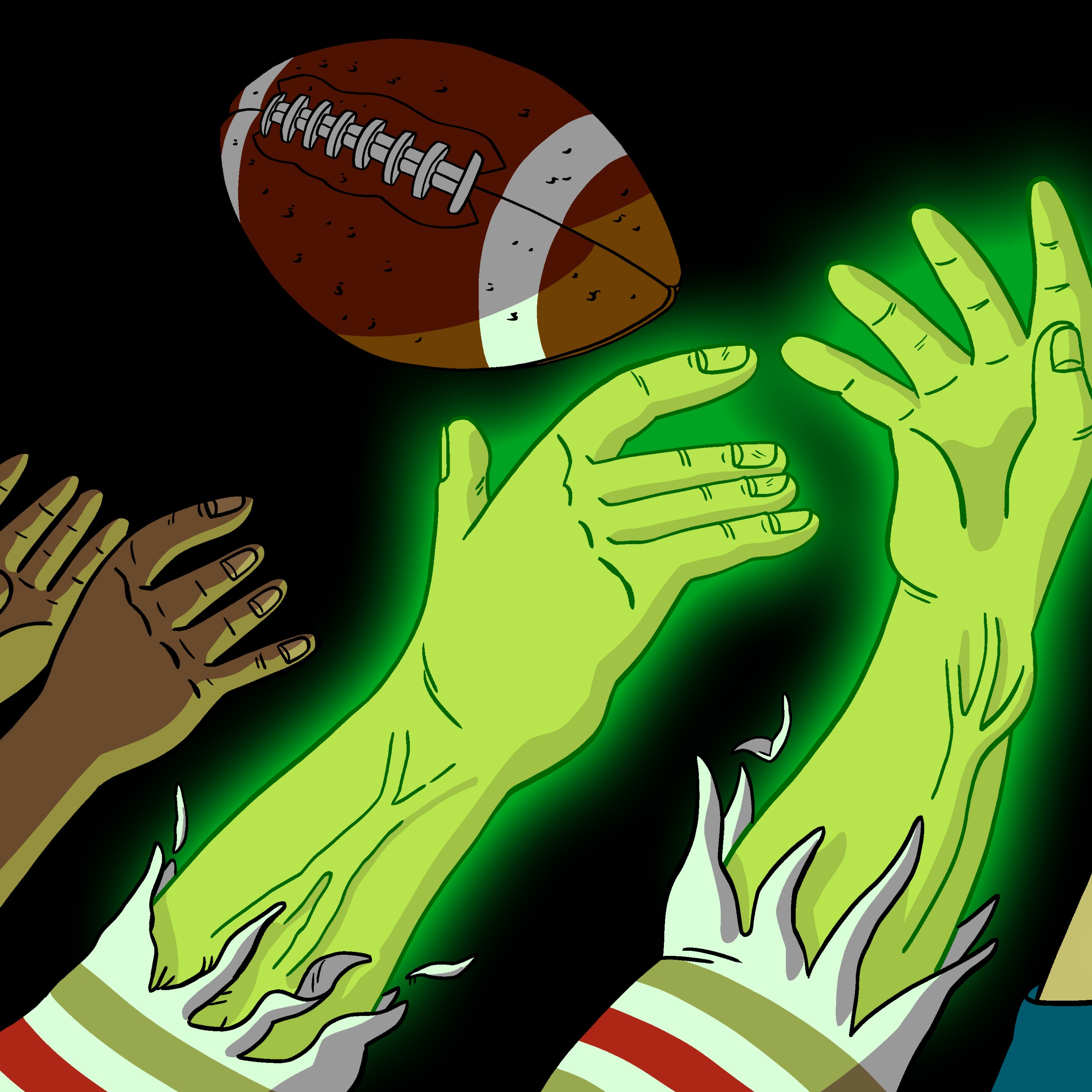 A pari of radioactive green arms catching a football over other outstretched hands
