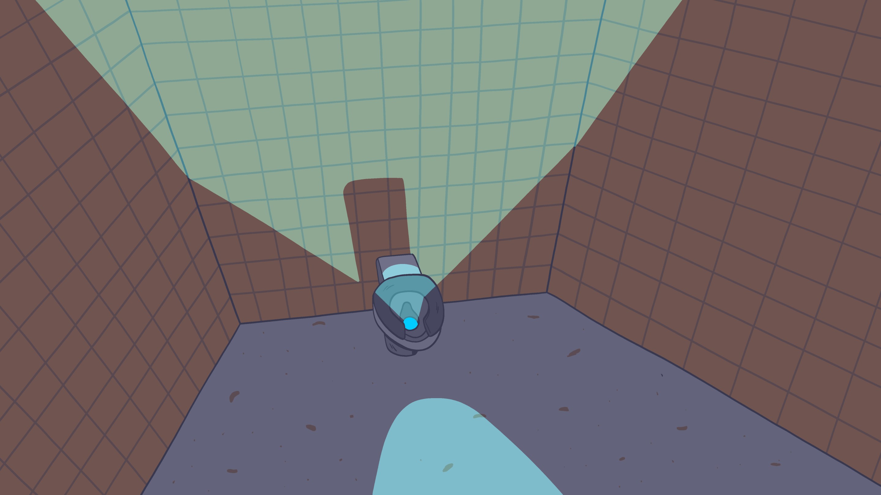 An illustration of a steel toilet with blue water, in an empty room.