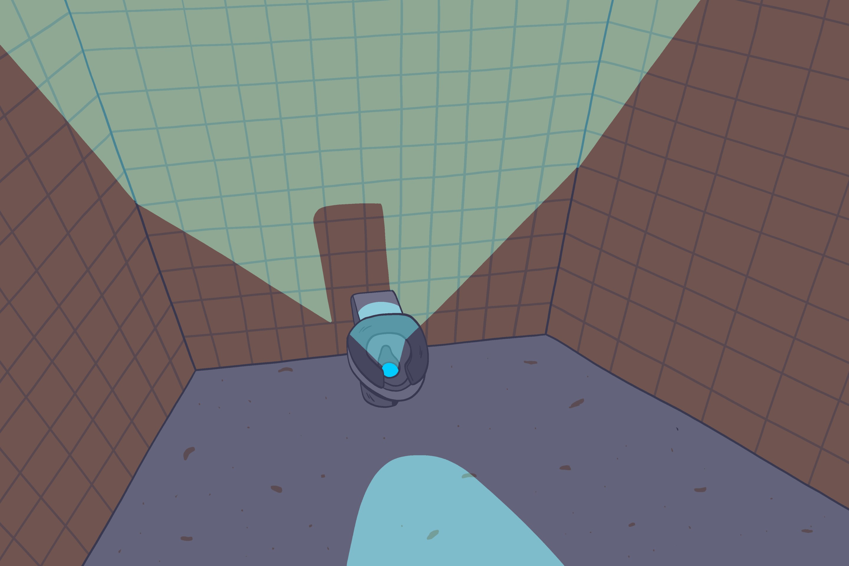 An illustration of a steel toilet with blue water, in an empty room.