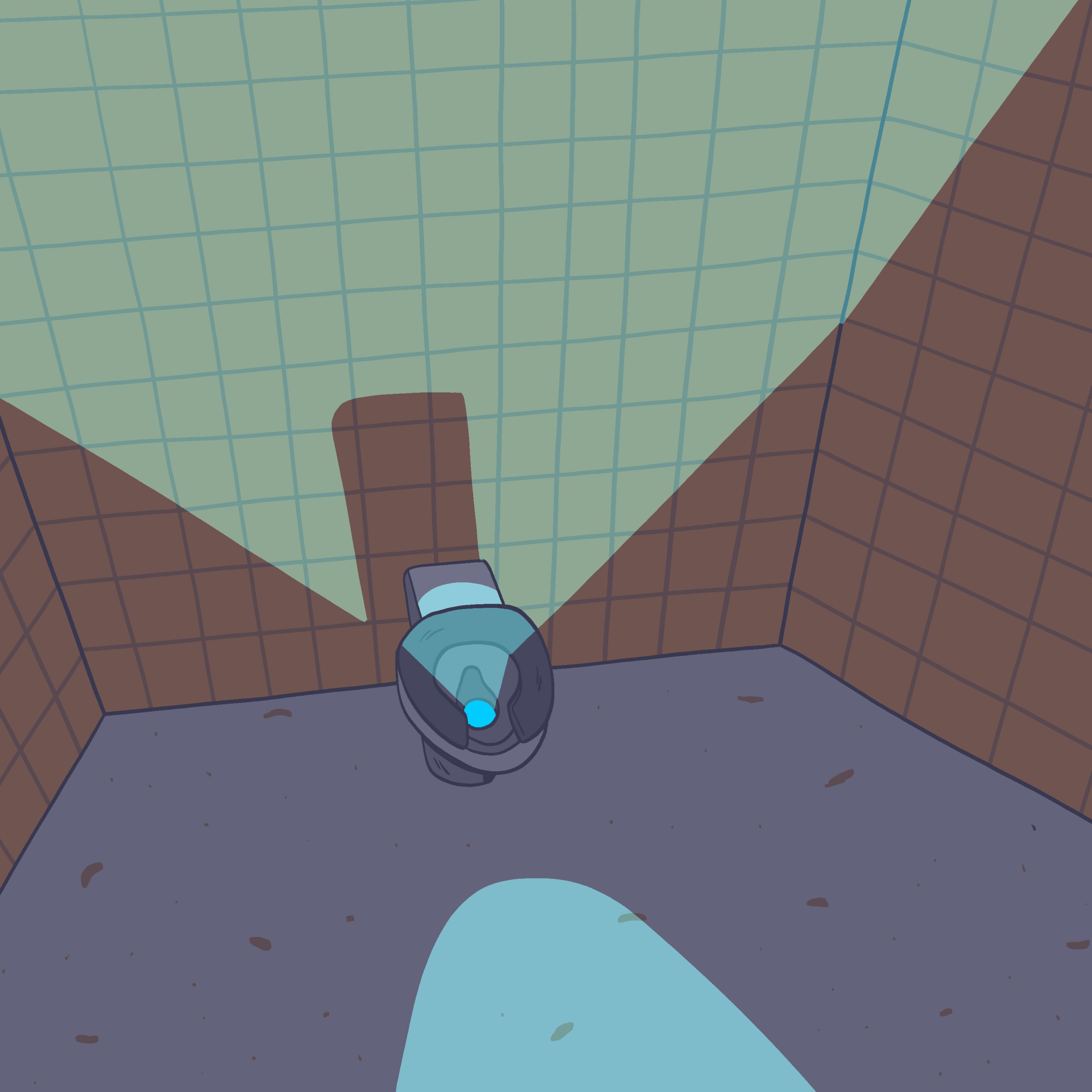 An illustration of a steel toilet with blue water, in an empty room.
