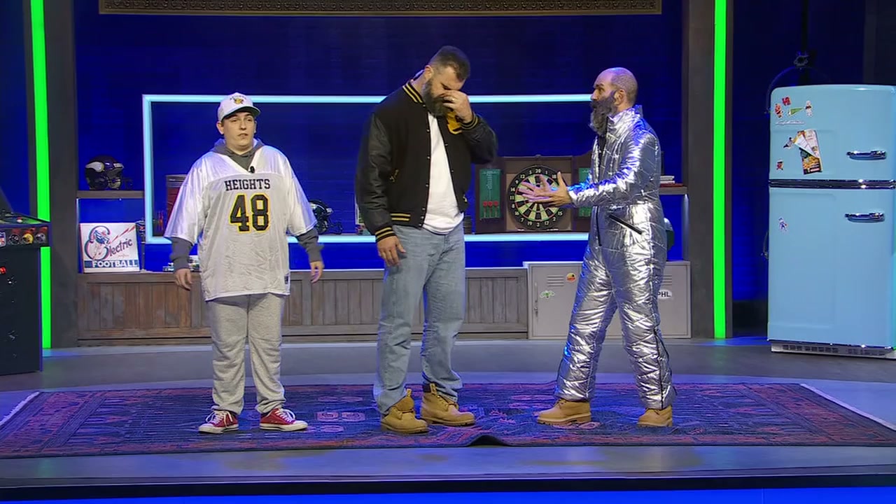 Jason Kelce with his past and future selves in a bit from the first episode of his late night show. This skit was pretty good!