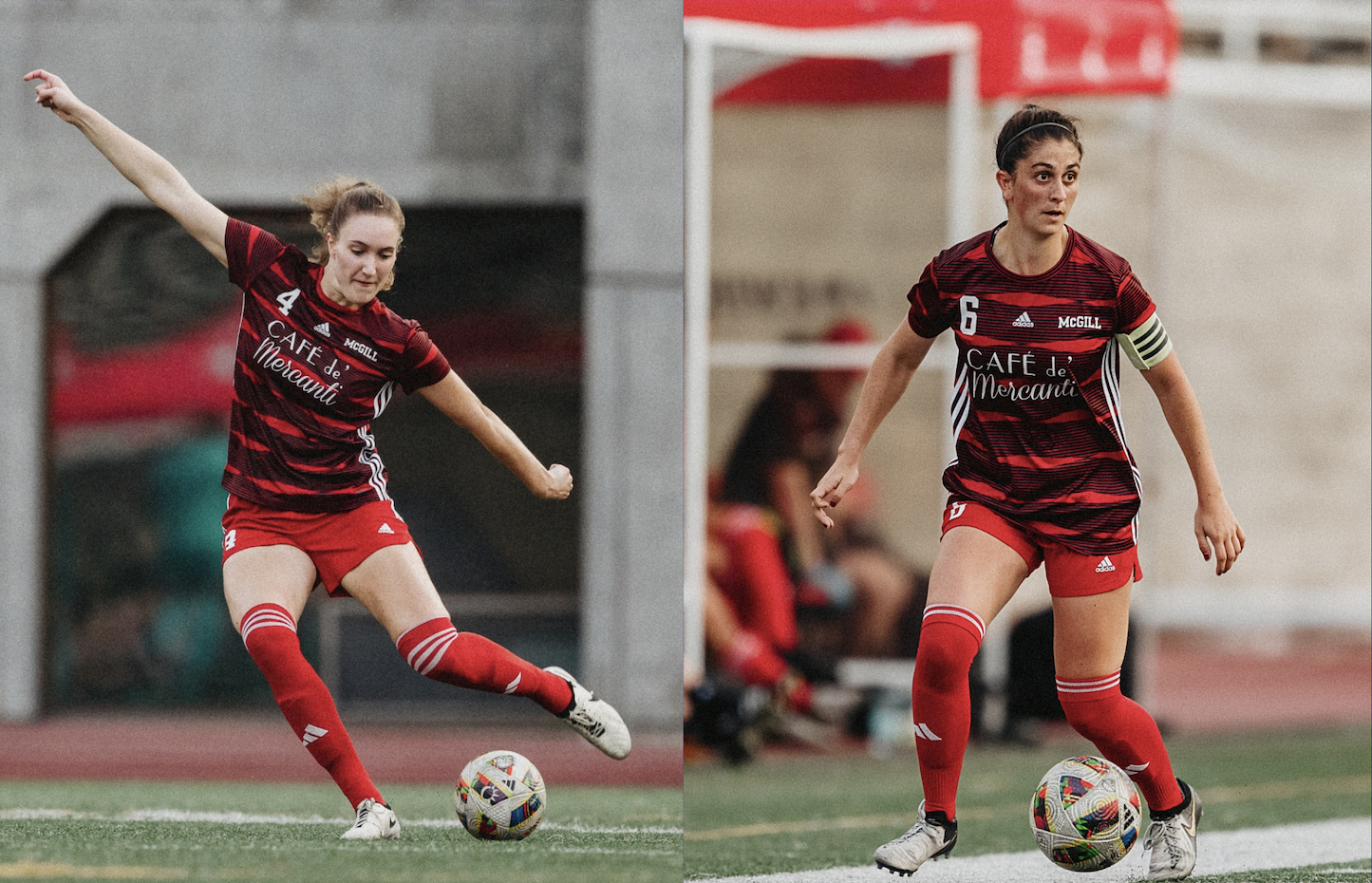 Former McGill women's soccer players Stéphanie Hill and Mara Bouchard, in separate side by side photos, playing soccer.