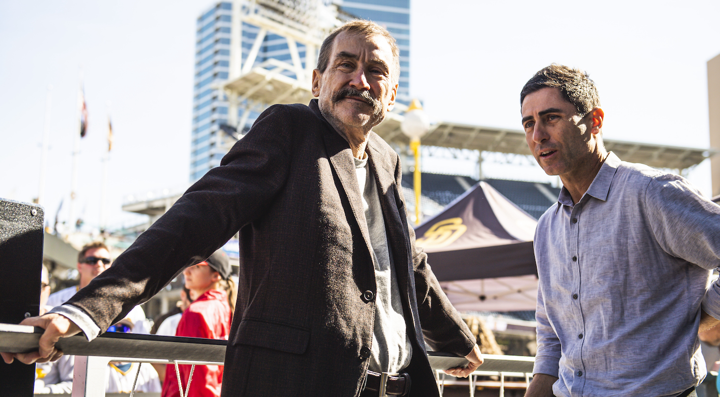 San Diego Padres owner Peter Seidler and GM A.J. Preller pose for a photo at the home ballpark.