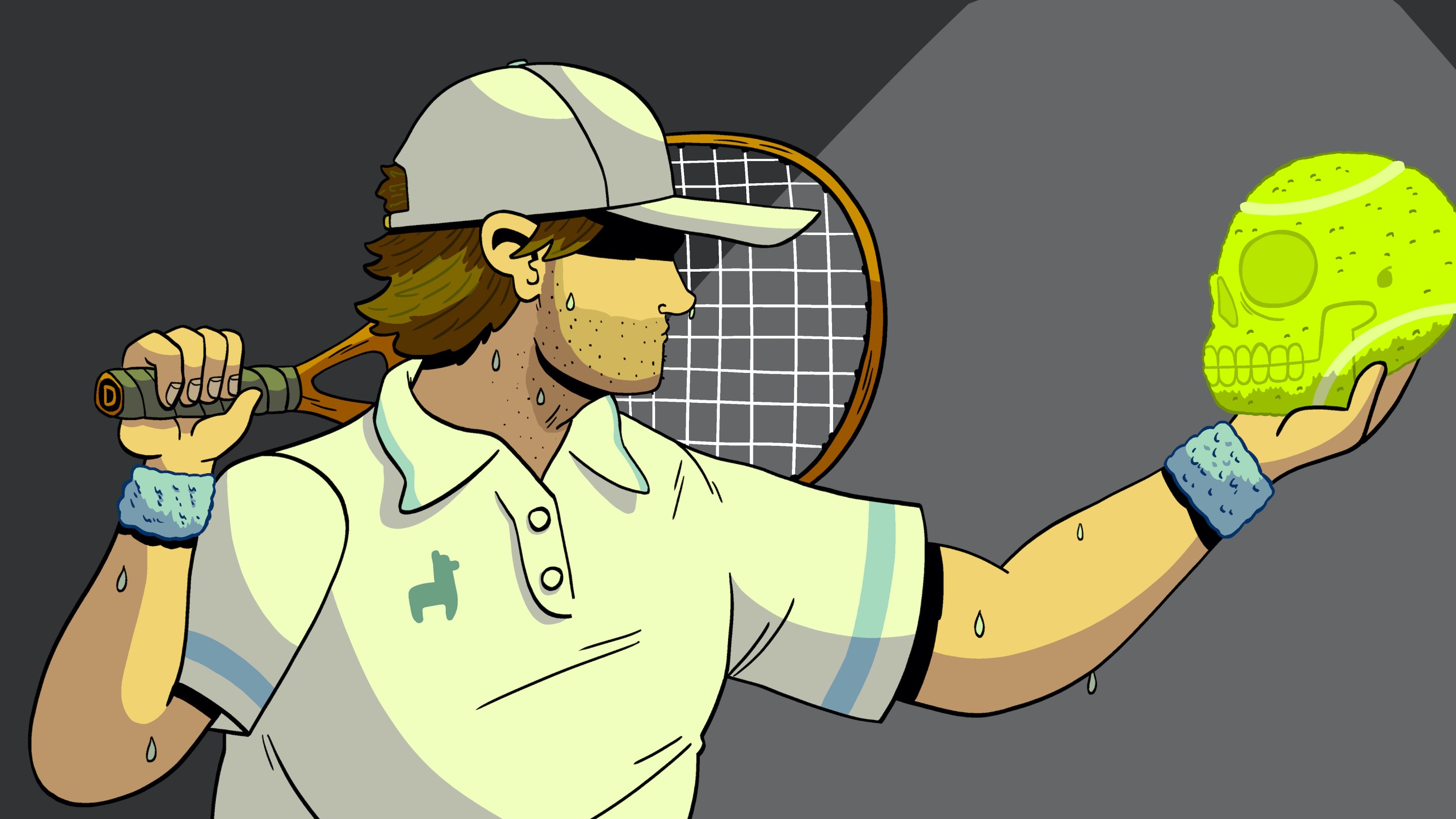 An illustration of a tennis player holding a skull-shaped ball