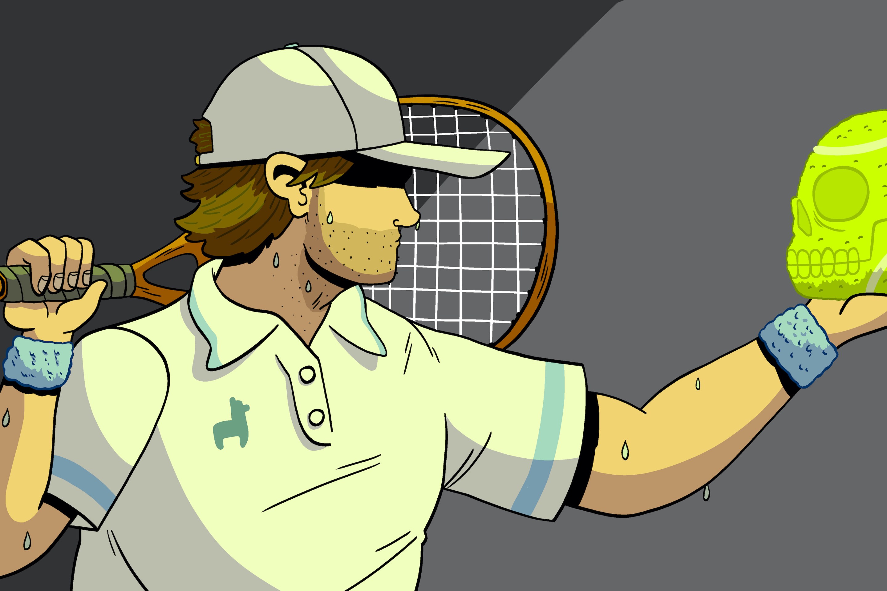 An illustration of a tennis player holding a skull-shaped ball