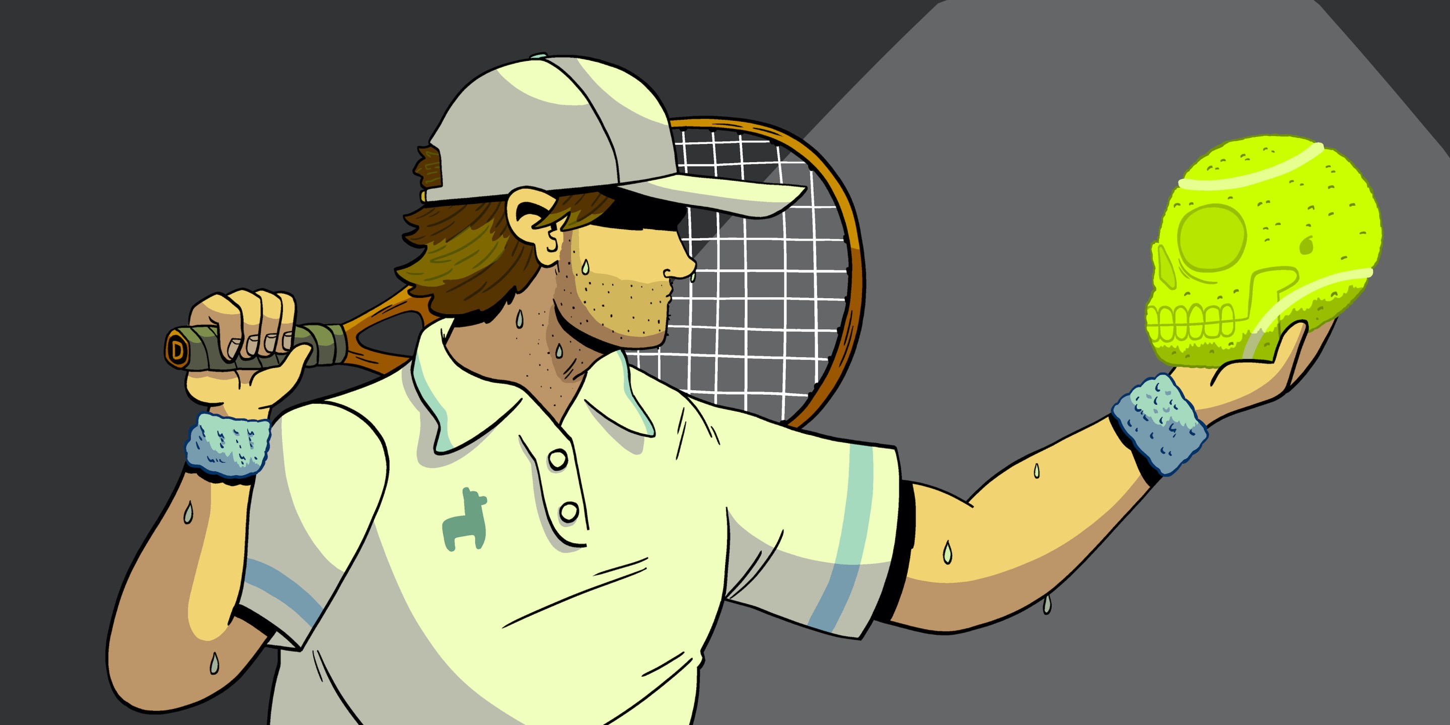 An illustration of a tennis player holding a skull-shaped ball