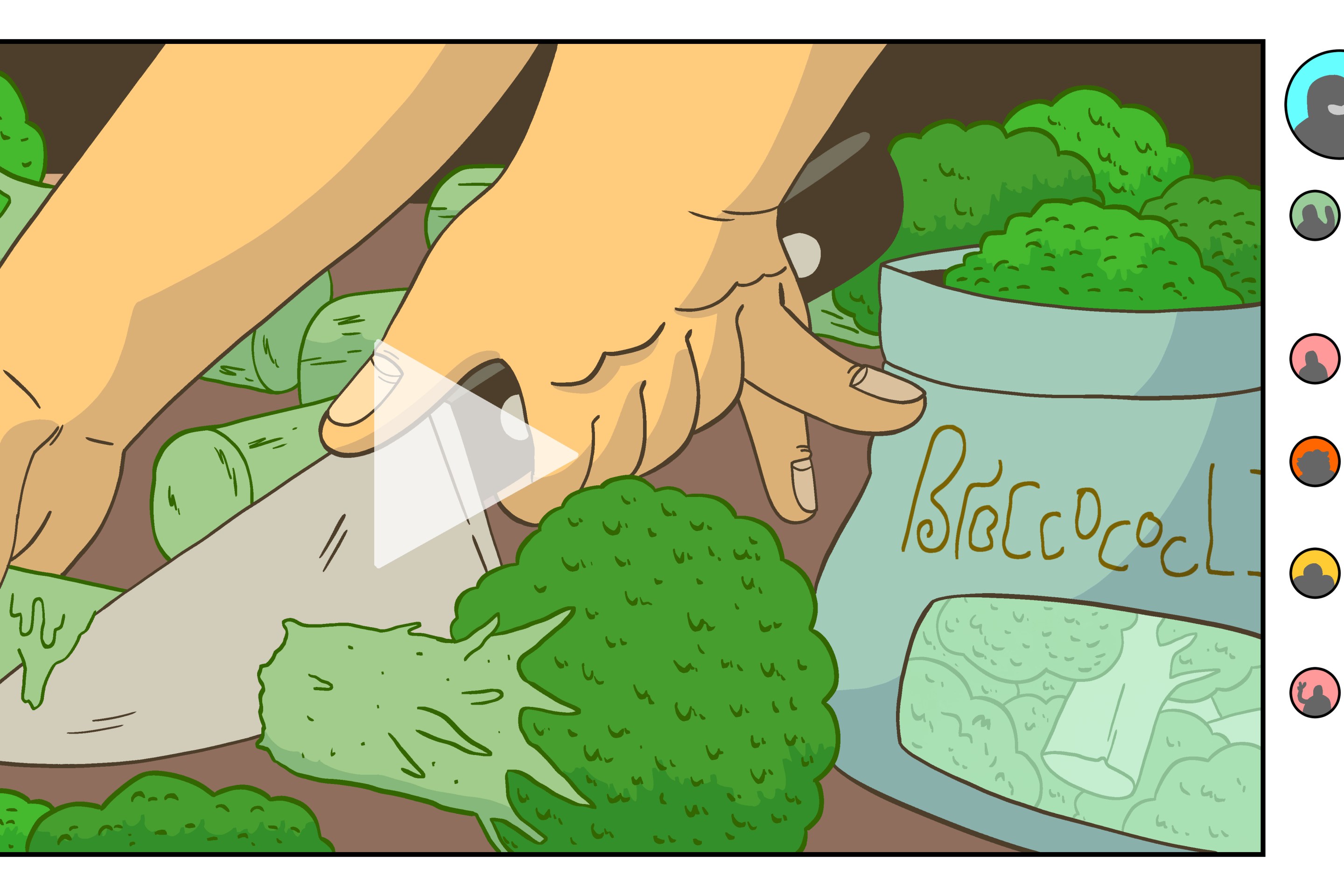 An illustration of a fake social media page depicting uncanny vegetables being sliced by a hand with too many fingers