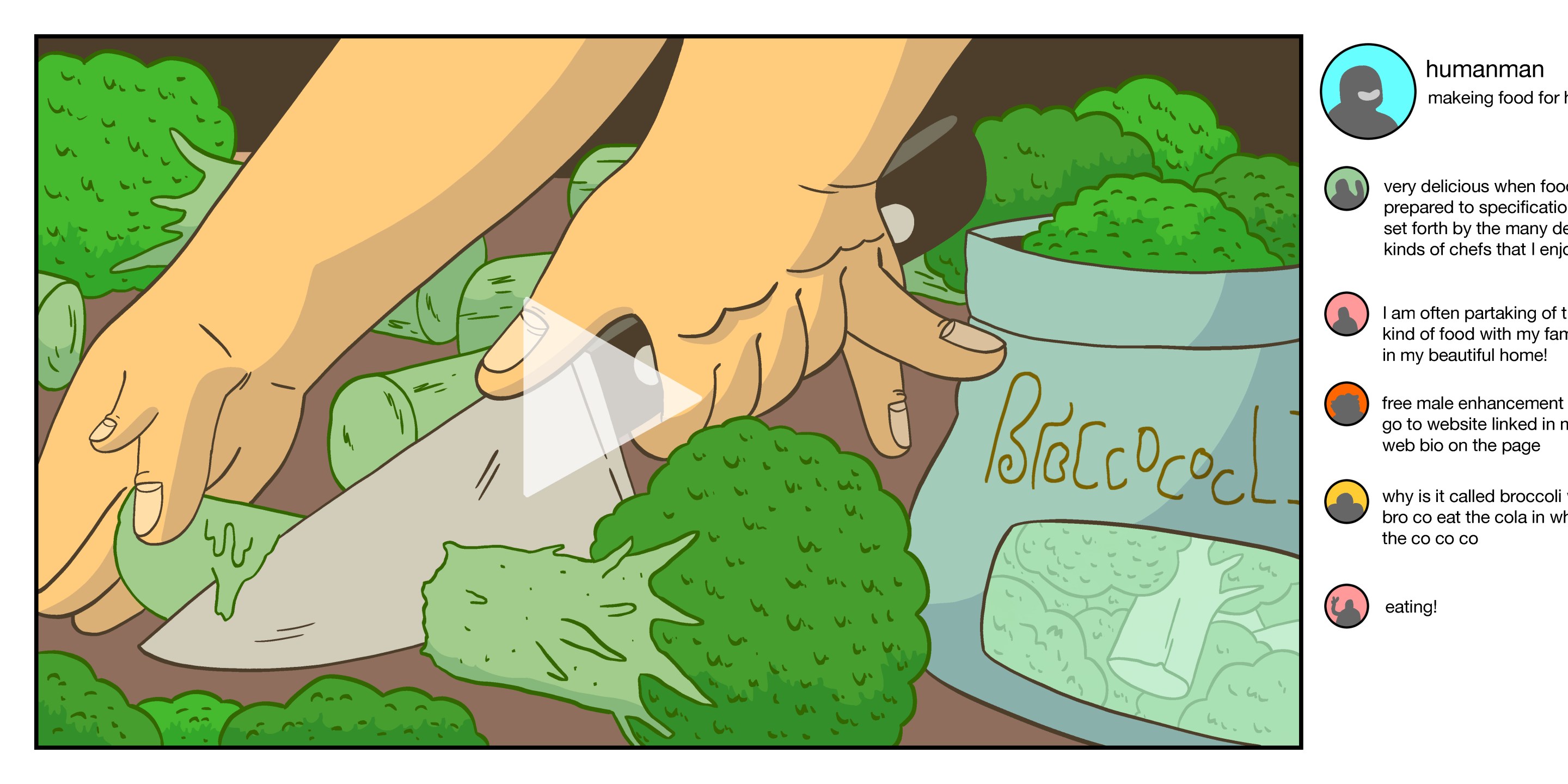 An illustration of a fake social media page depicting uncanny vegetables being sliced by a hand with too many fingers