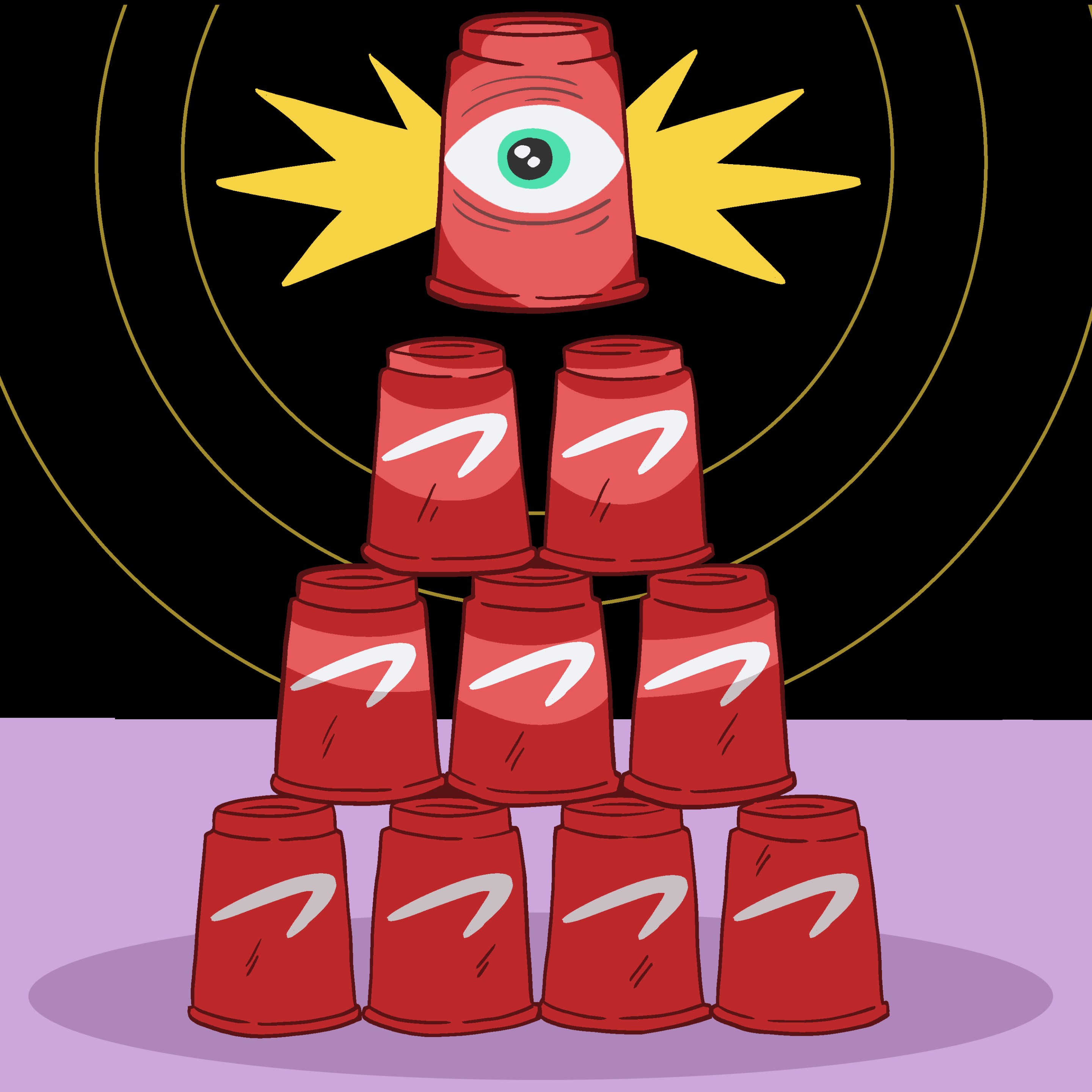 Cups stacked in the 1-10-1 formation, with a glowing eye on the top cup