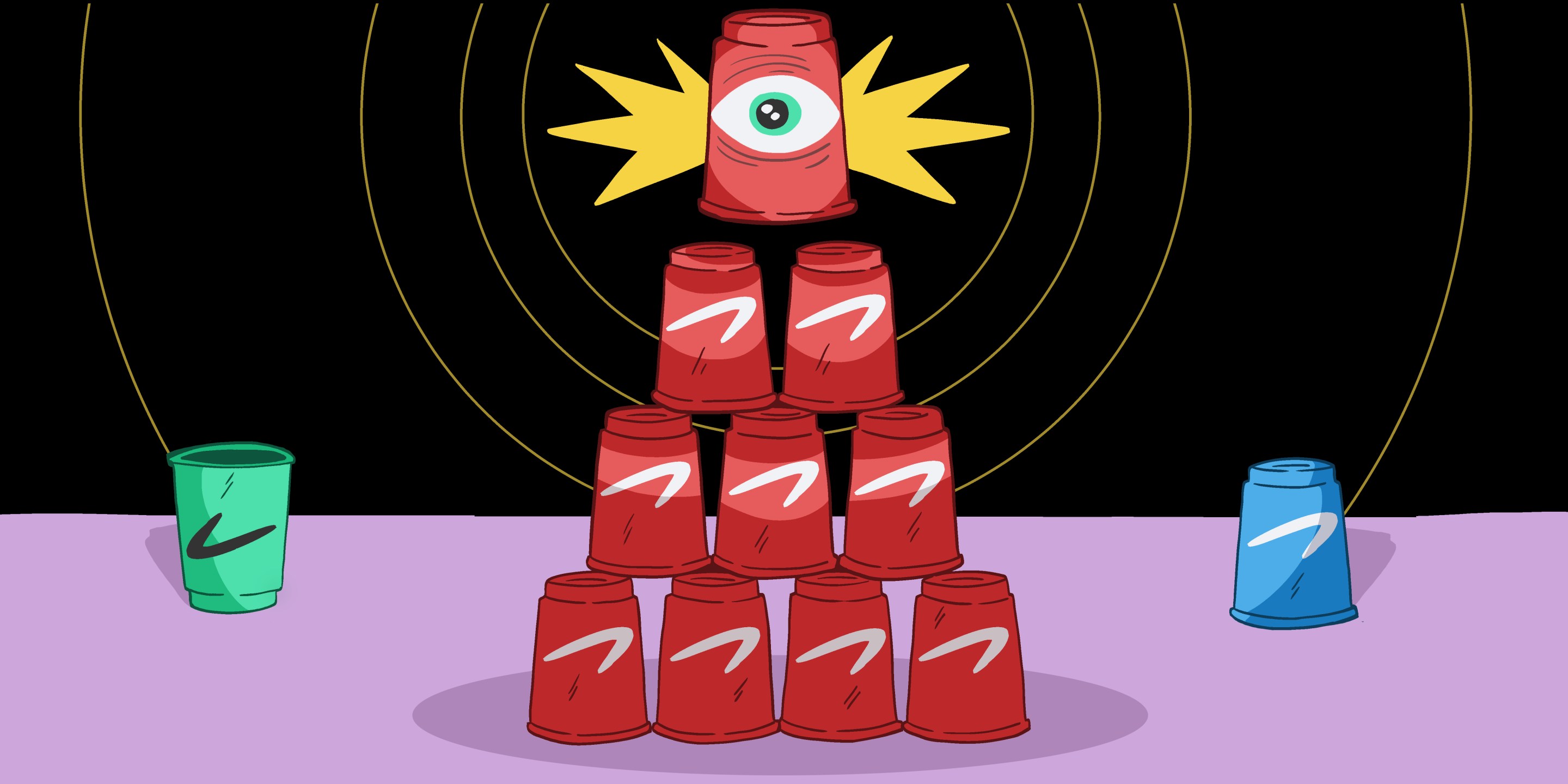 Cups stacked in the 1-10-1 formation, with a glowing eye on the top cup