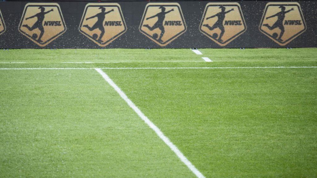 The digital signage shows the NWSL logo on it before the National Women's Soccer League match between NJ/NY Gotham FC and the Houston Dash at Red Bull Arena on July 31, 2022 in Harrison, New Jersey.