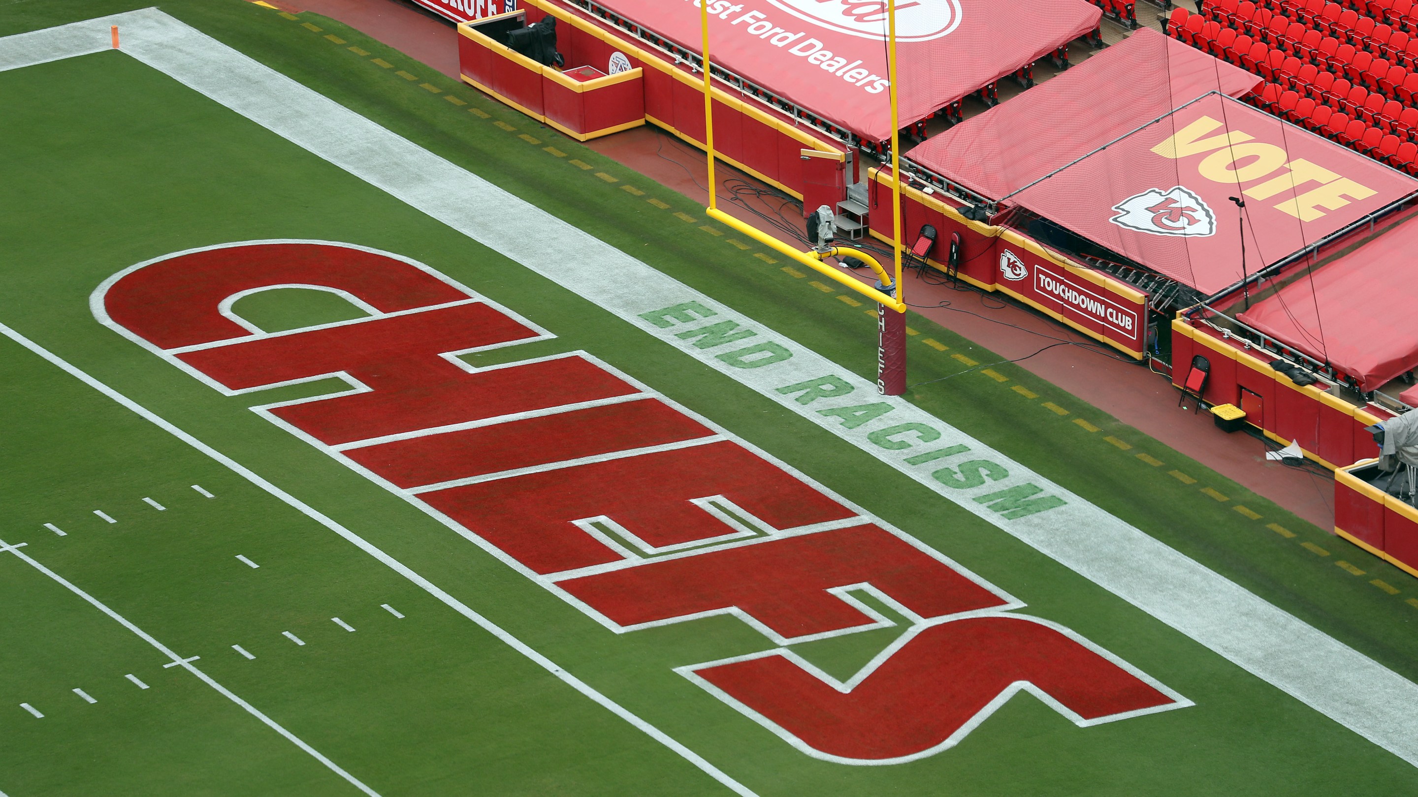 A Chiefs end zone with the NFL slogan "End Racism"