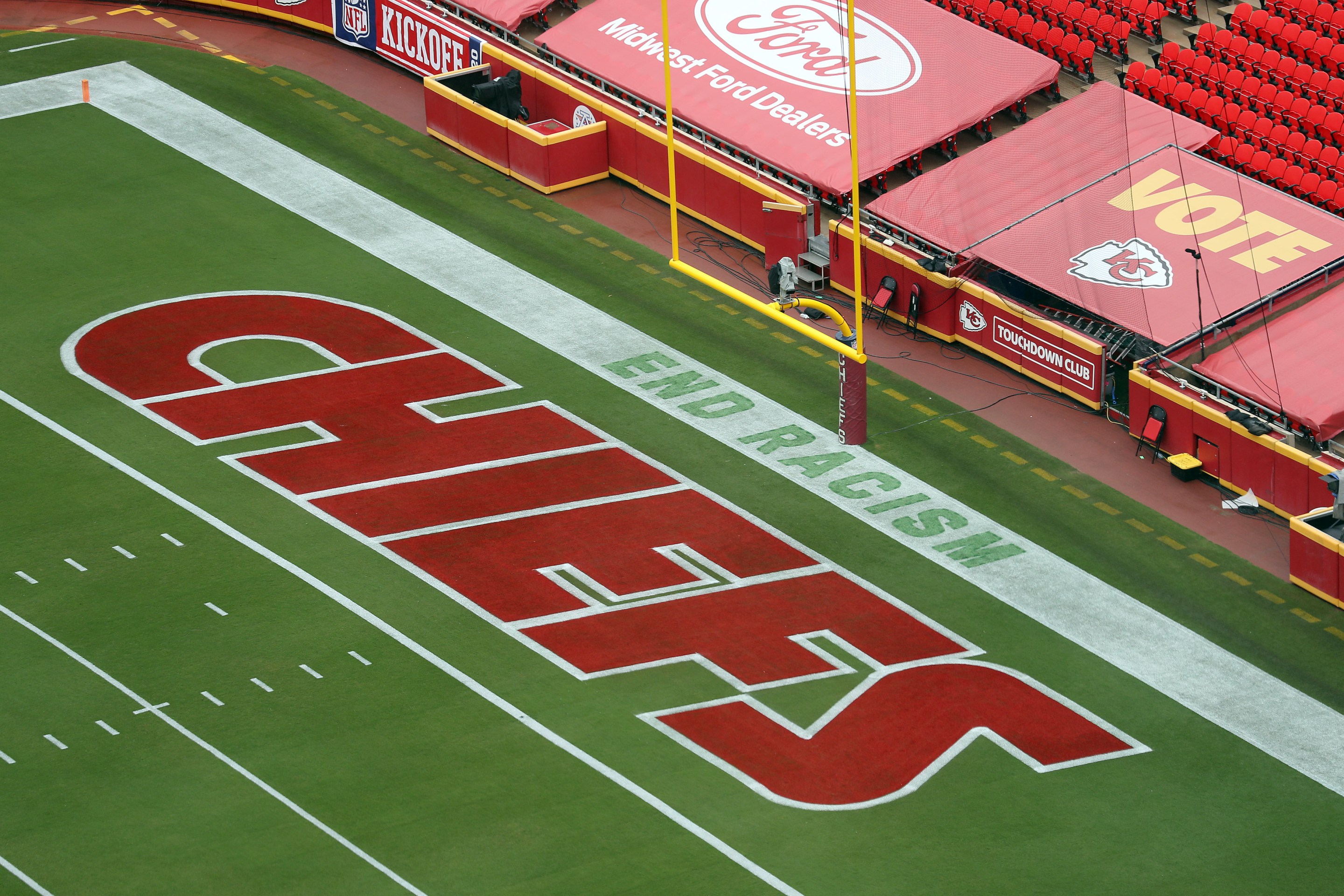 A Chiefs end zone with the NFL slogan "End Racism"