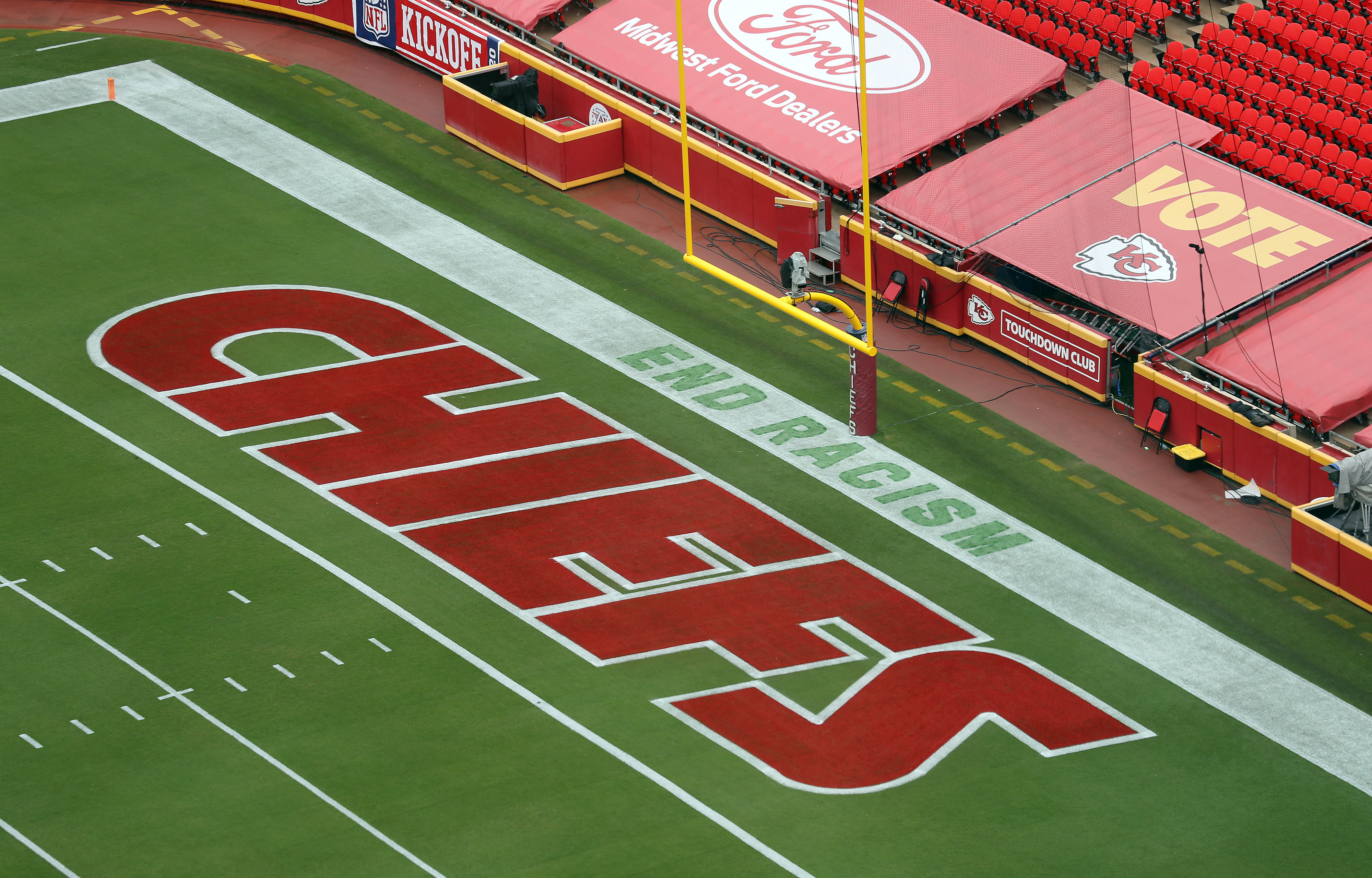 A Chiefs end zone with the NFL slogan "End Racism"