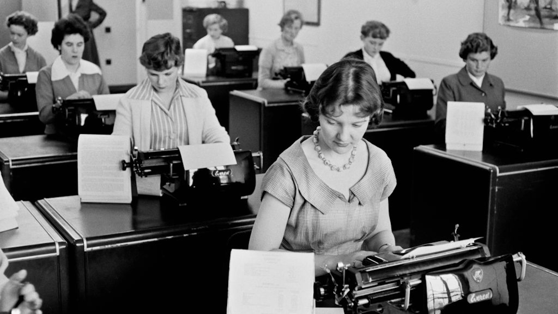 Typists at work at Unilever House in Blackfriars, London, September 1955. Original Publication: Picture Post - 8002 - Leave Youth Alone - pub. 24th September 1955