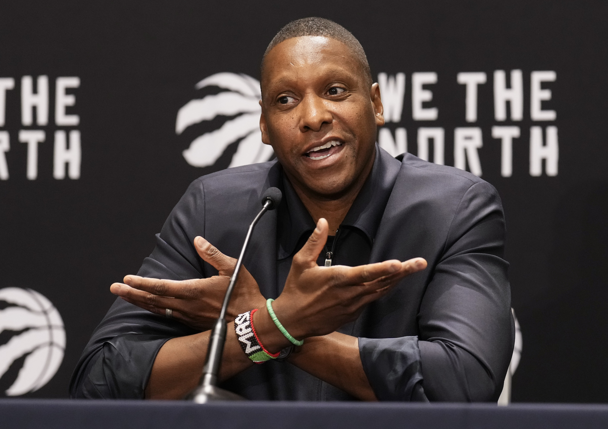 TORONTO, ON - OCTOBER 2: Masai Ujiri President of the Toronto Raptors speaks during media day on October 2, 2023 in Toronto, Ontario, Canada. NOTE TO USER: User expressly acknowledges and agrees that, by downloading and or using this photograph, User is consenting to the terms and conditions of the Getty Images License Agreement. (Photo by Mark Blinch/Getty Images)