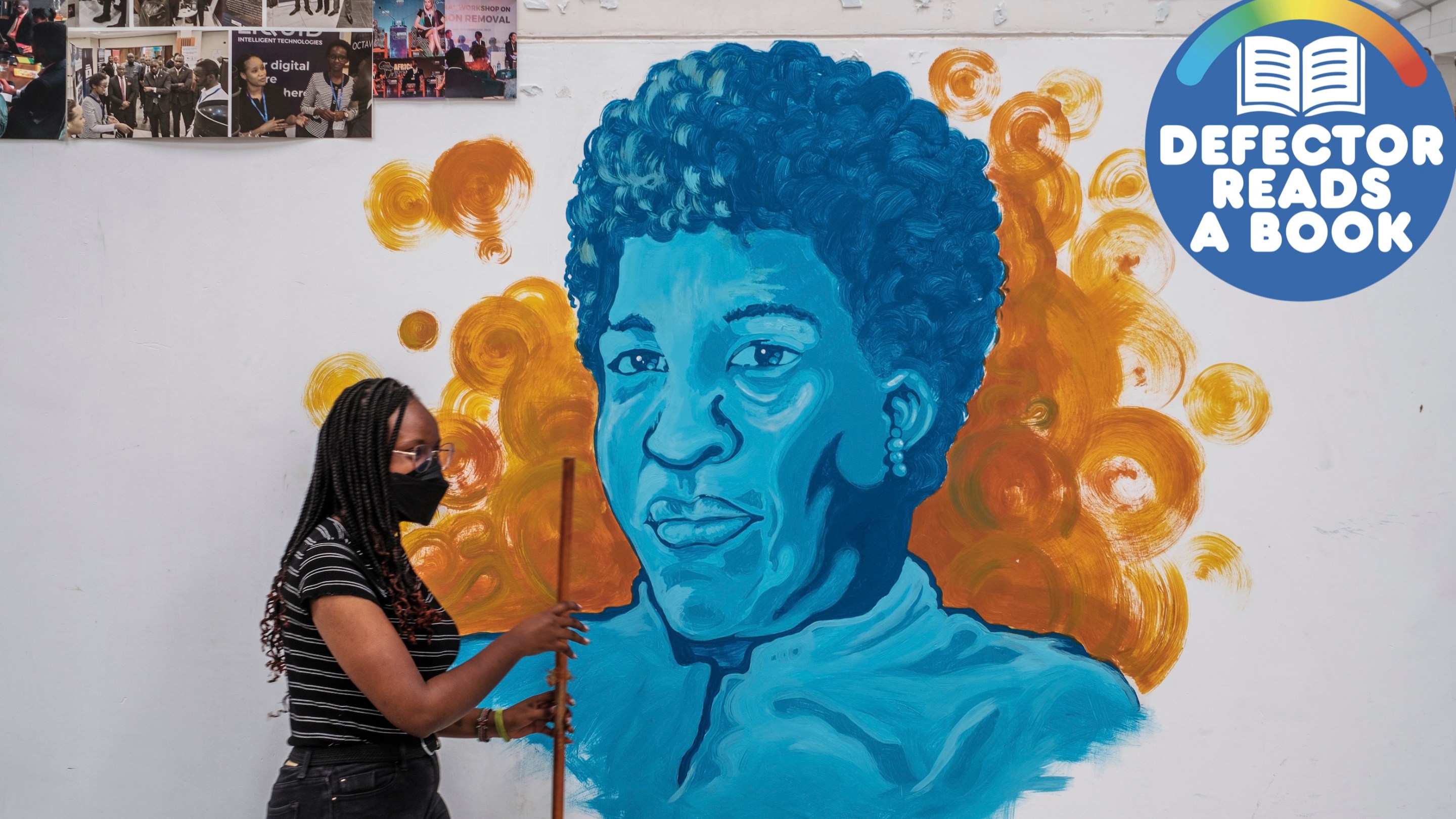 A woman walks in front of a mural depicting writer Octavia Butler in Nairobi, Kenya. The Defector Reads A Book badge is at upper right.