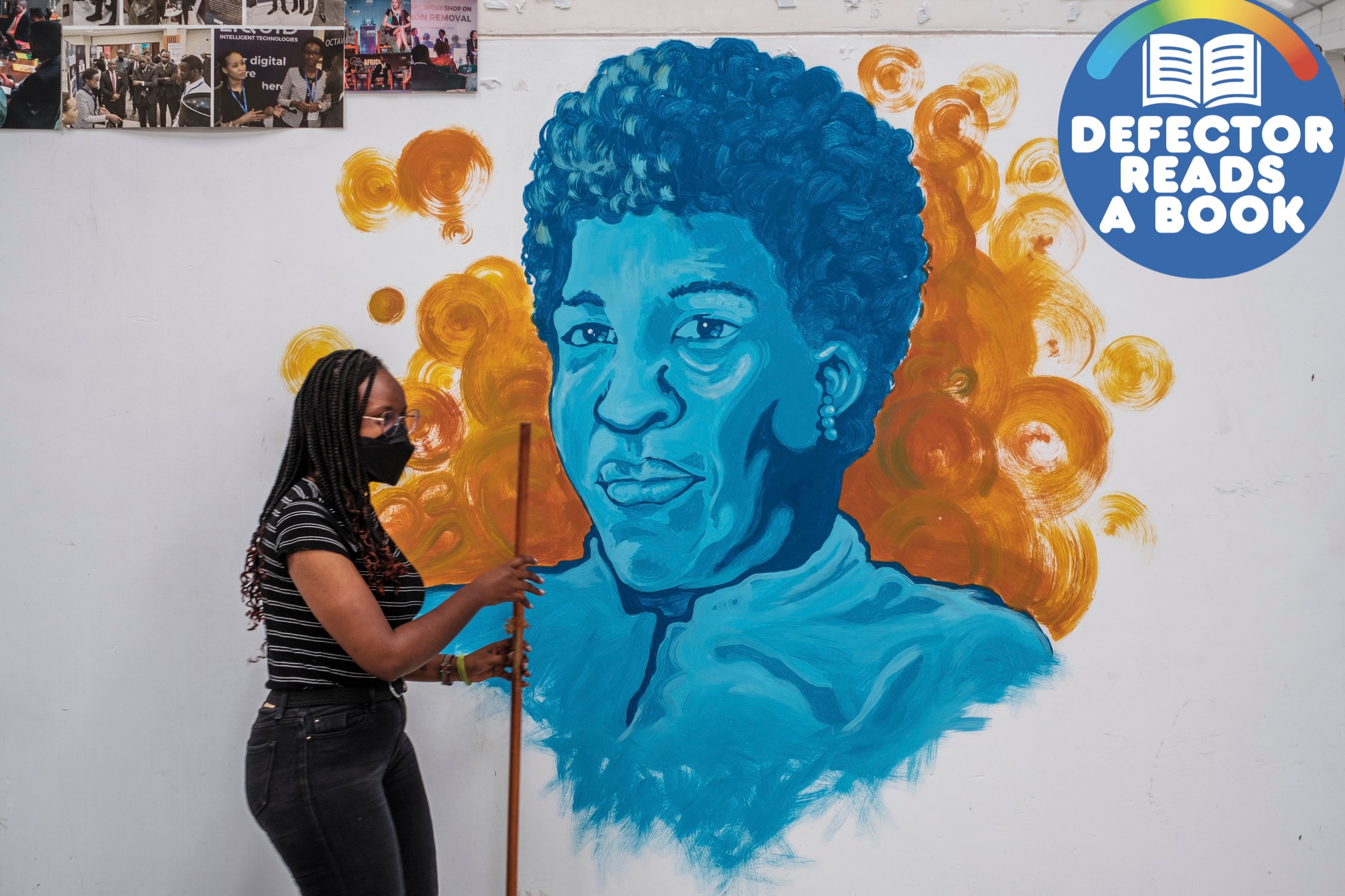 A woman walks in front of a mural depicting writer Octavia Butler in Nairobi, Kenya. The Defector Reads A Book badge is at upper right.