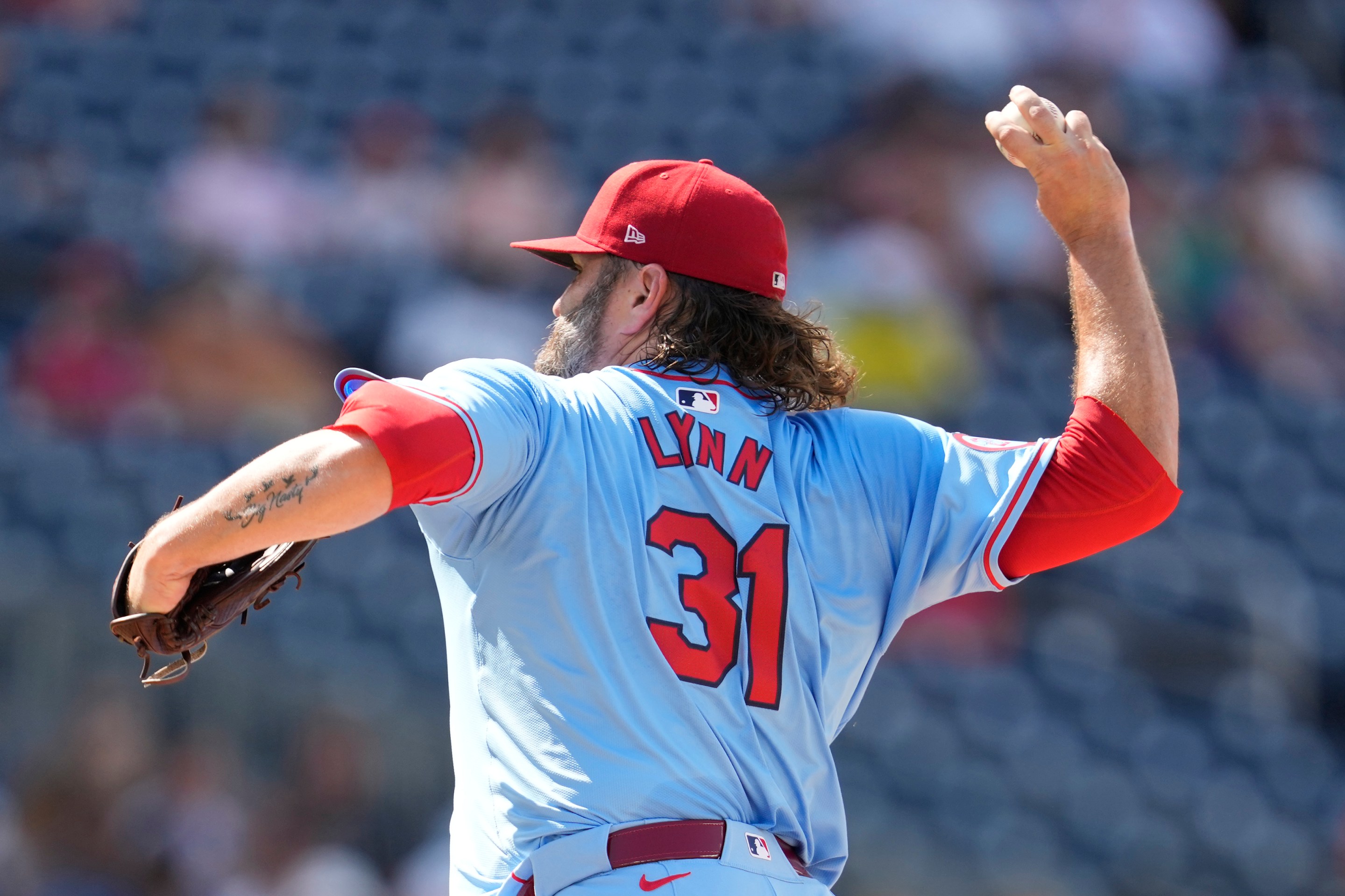 Lance Lynn of the St. Louis Cardinals pitches during a baseball game against Washington Nationals at Nationals Park on July 6, 2024 in Washington, DC.