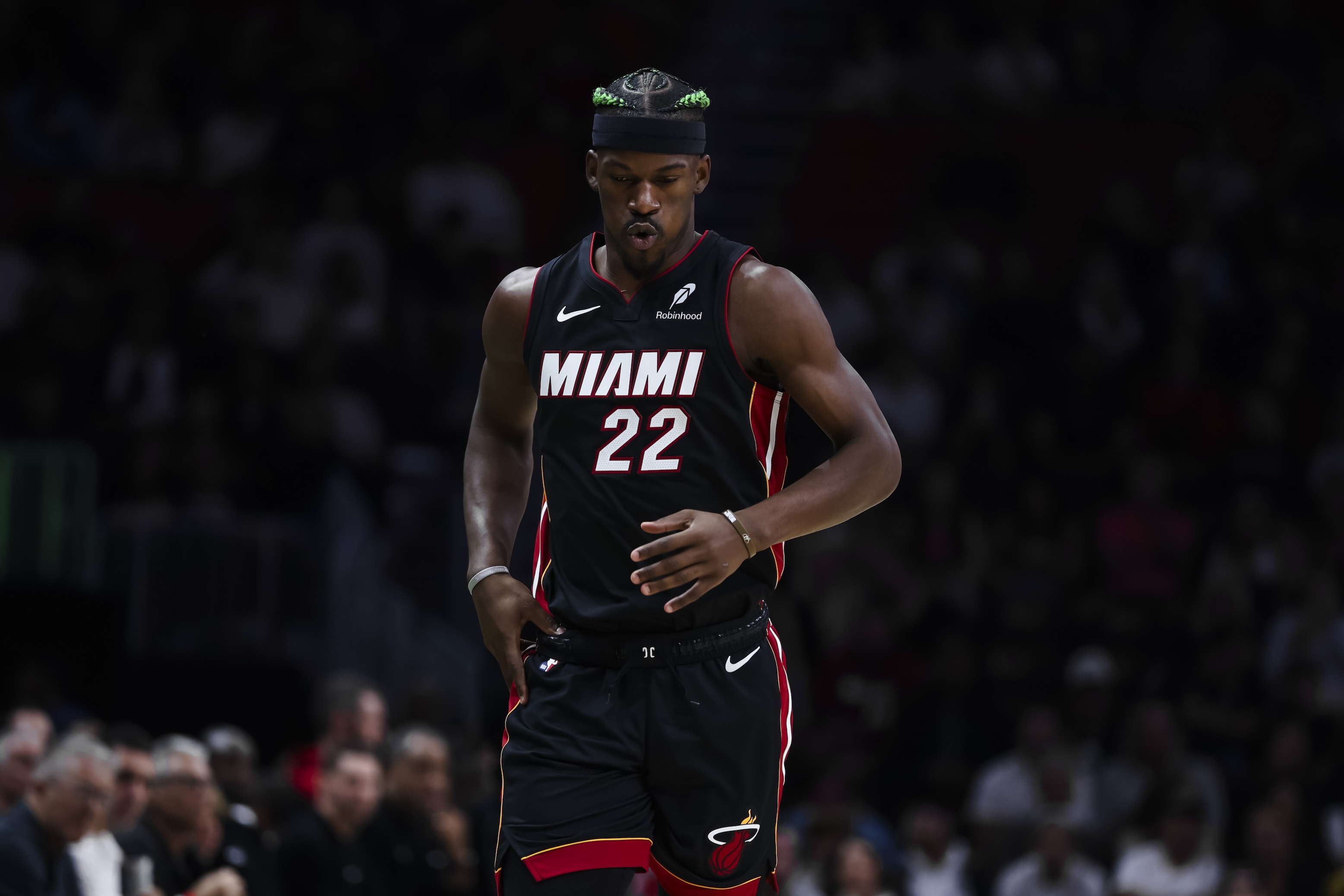 of the Miami Heat looks down during the first quarter against the Indiana Pacers at Kaseya Center on January 2, 2025.