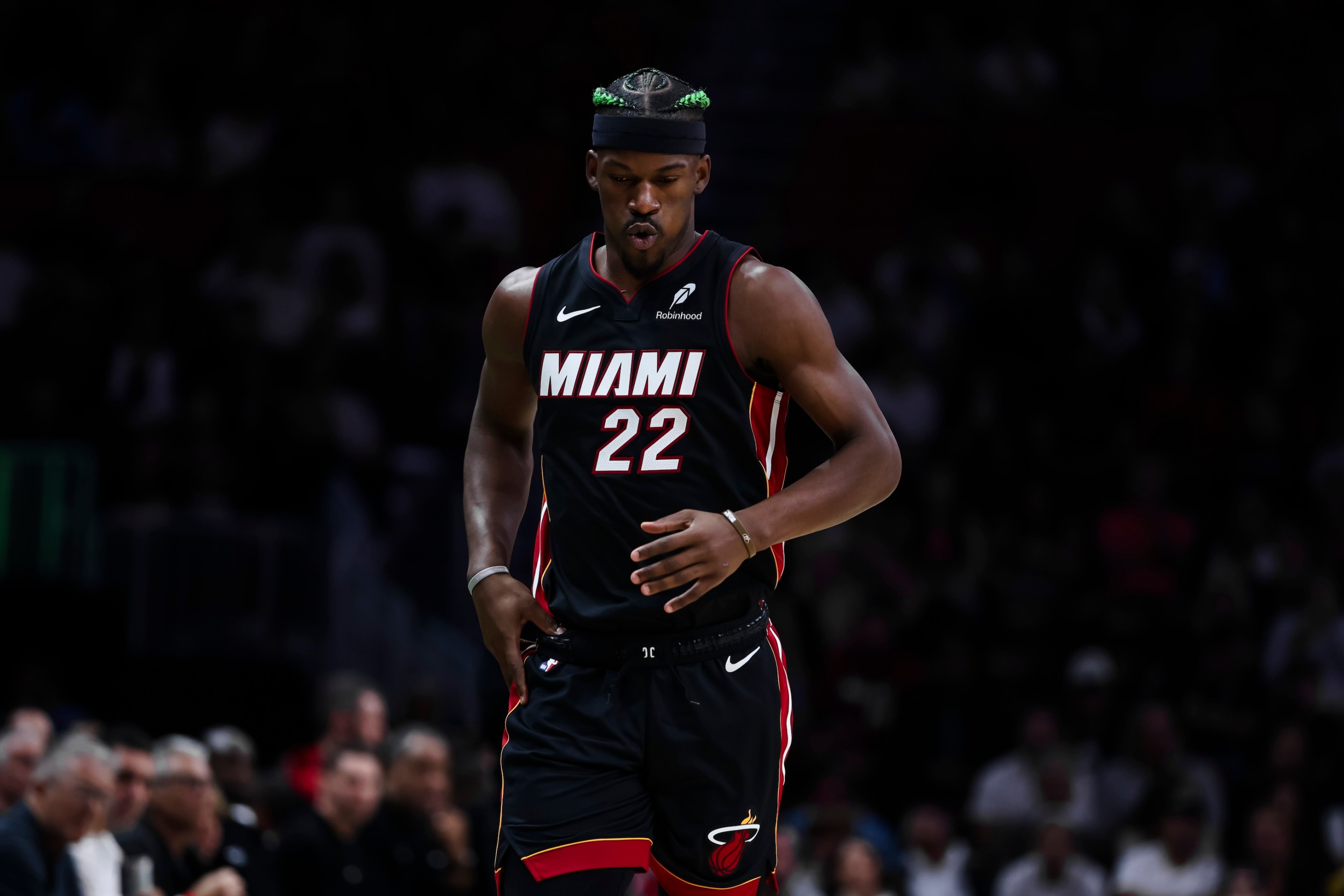 of the Miami Heat looks down during the first quarter against the Indiana Pacers at Kaseya Center on January 2, 2025.