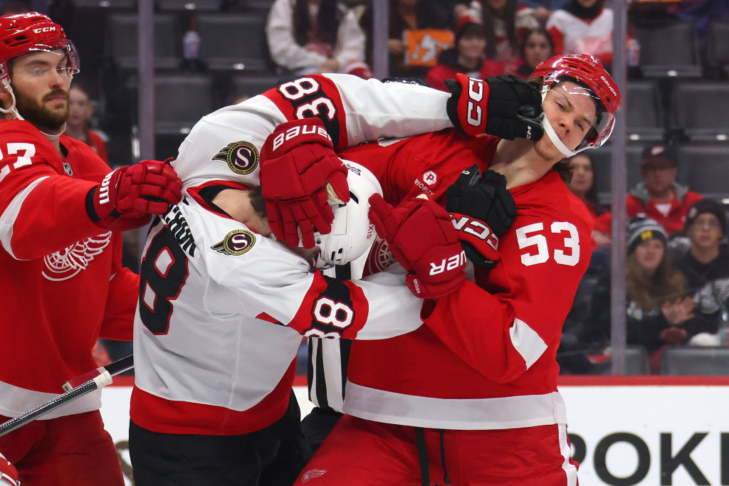 Zack Ostapchuk #38 of the Ottawa Senators and Moritz Seider #53 of the Detroit Red Wings battle during a game