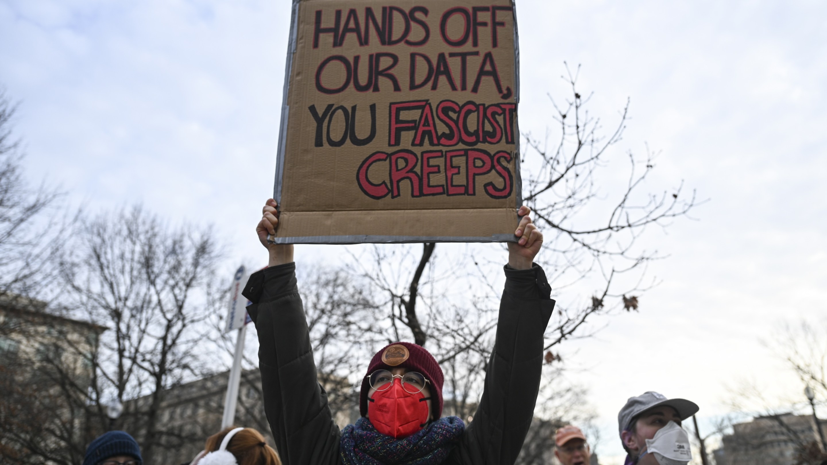 People organize a rally and demonstration against Elon Musk outside the U.S. Office of Personnel Management in Washington D.C., United States on February 03, 2025.