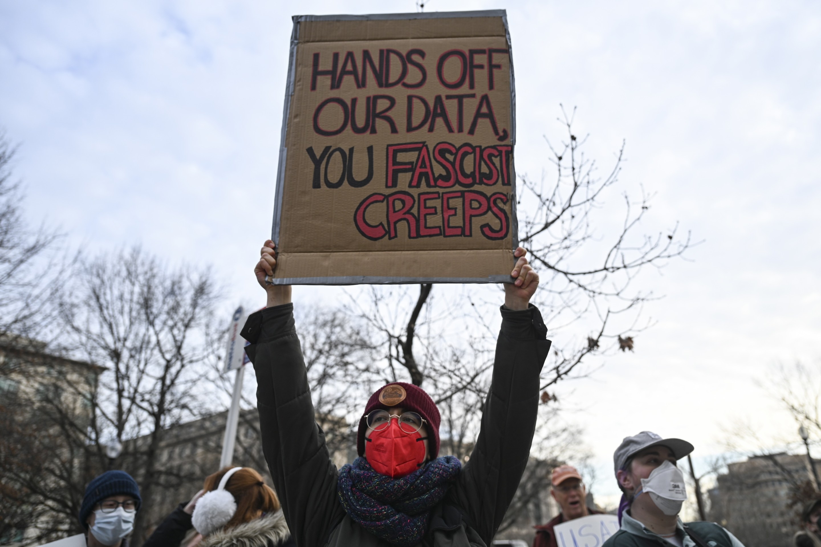 People organize a rally and demonstration against Elon Musk outside the U.S. Office of Personnel Management in Washington D.C., United States on February 03, 2025.