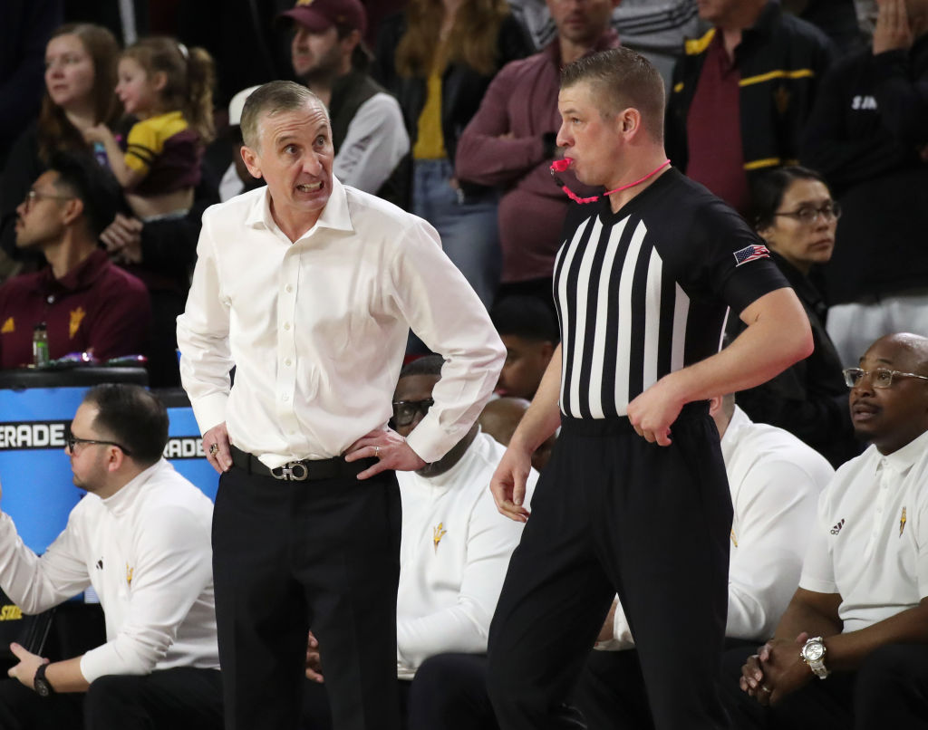 Arizona State University basketball coach Bobby Hurley freaks out at a referee after one of his players is ejected from a game