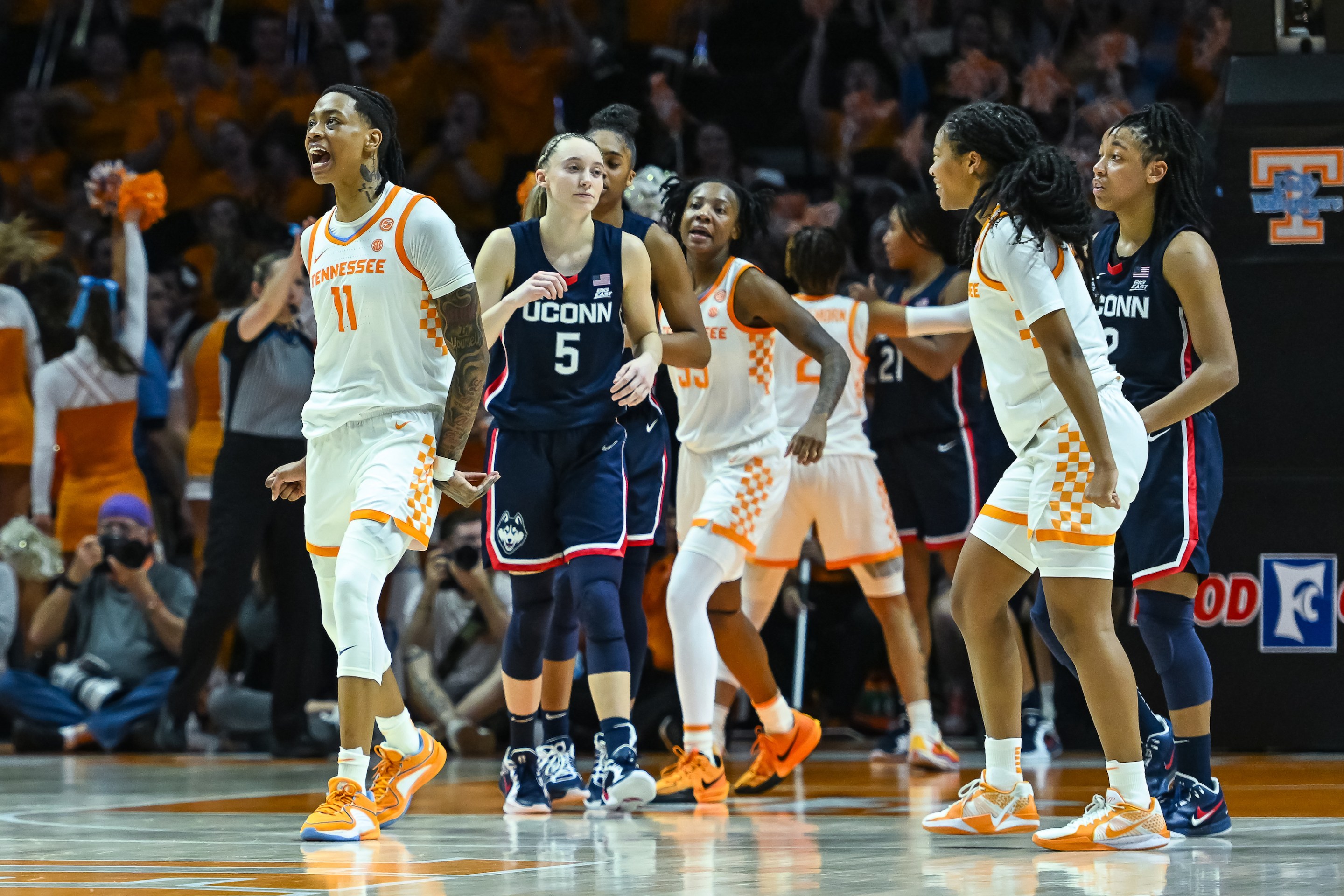 Tennessee Lady Vols forward Zee Spearman (11) celebrates during the women's college basketball game between the Tennessee Lady Vols and the UConn Huskies on February 6, 2025, at Food City Center in Knoxville, TN.