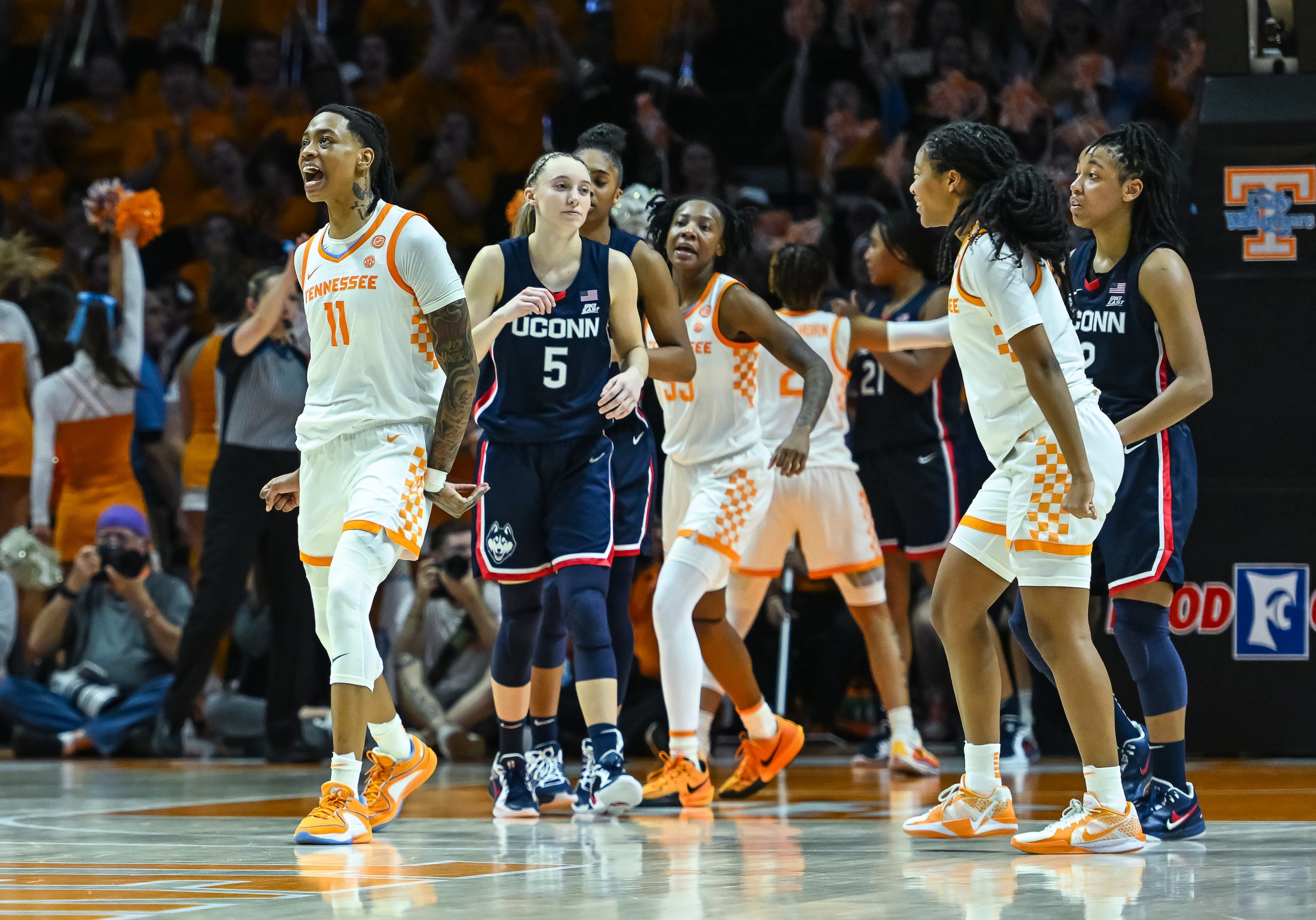 Tennessee Lady Vols forward Zee Spearman (11) celebrates during the women's college basketball game between the Tennessee Lady Vols and the UConn Huskies on February 6, 2025, at Food City Center in Knoxville, TN.