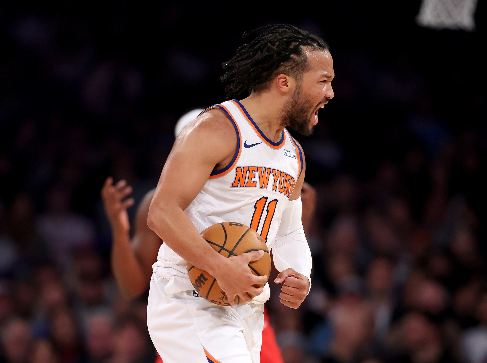 Jalen Brunson #11 of the New York Knicks celebrates a call in the first quarter against the Houston Rockets at Madison Square Garden on February 03, 2025 in New York City. NOTE TO USER: User expressly acknowledges and agrees that, by downloading and or using this photograph, User is consenting to the terms and conditions of the Getty Images License Agreement. (Photo by Elsa/Getty Images)