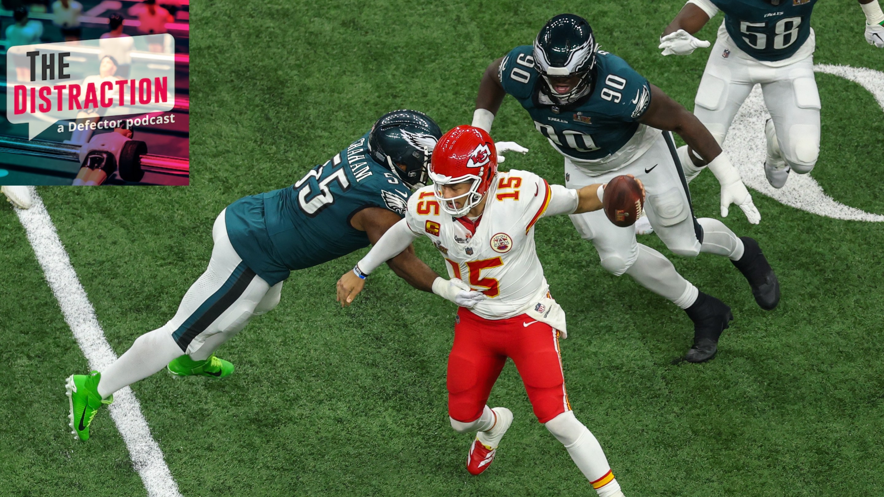 Patrick Mahomes of the Kansas City Chiefs tries to avoid a sack by DE Brandon Graham #55 of the Philadelphia Eagles during Super Bowl LIX between the Kansas City Chiefs and the Philadelphia Eagles on Sunday February 9, 2025.