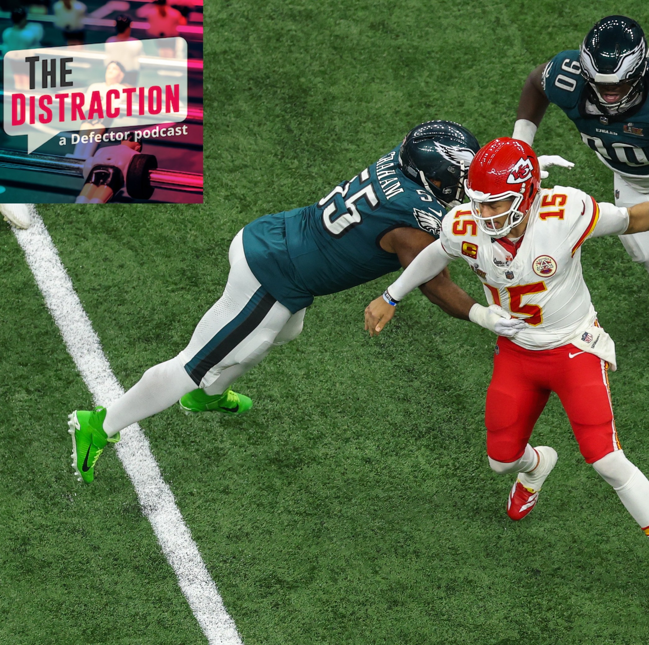 Patrick Mahomes of the Kansas City Chiefs tries to avoid a sack by DE Brandon Graham #55 of the Philadelphia Eagles during Super Bowl LIX between the Kansas City Chiefs and the Philadelphia Eagles on Sunday February 9, 2025.