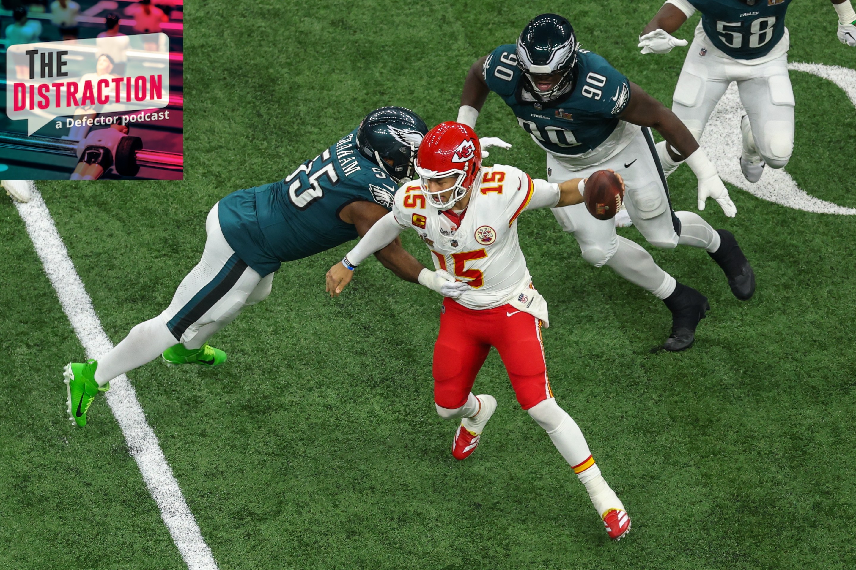 Patrick Mahomes of the Kansas City Chiefs tries to avoid a sack by DE Brandon Graham #55 of the Philadelphia Eagles during Super Bowl LIX between the Kansas City Chiefs and the Philadelphia Eagles on Sunday February 9, 2025.