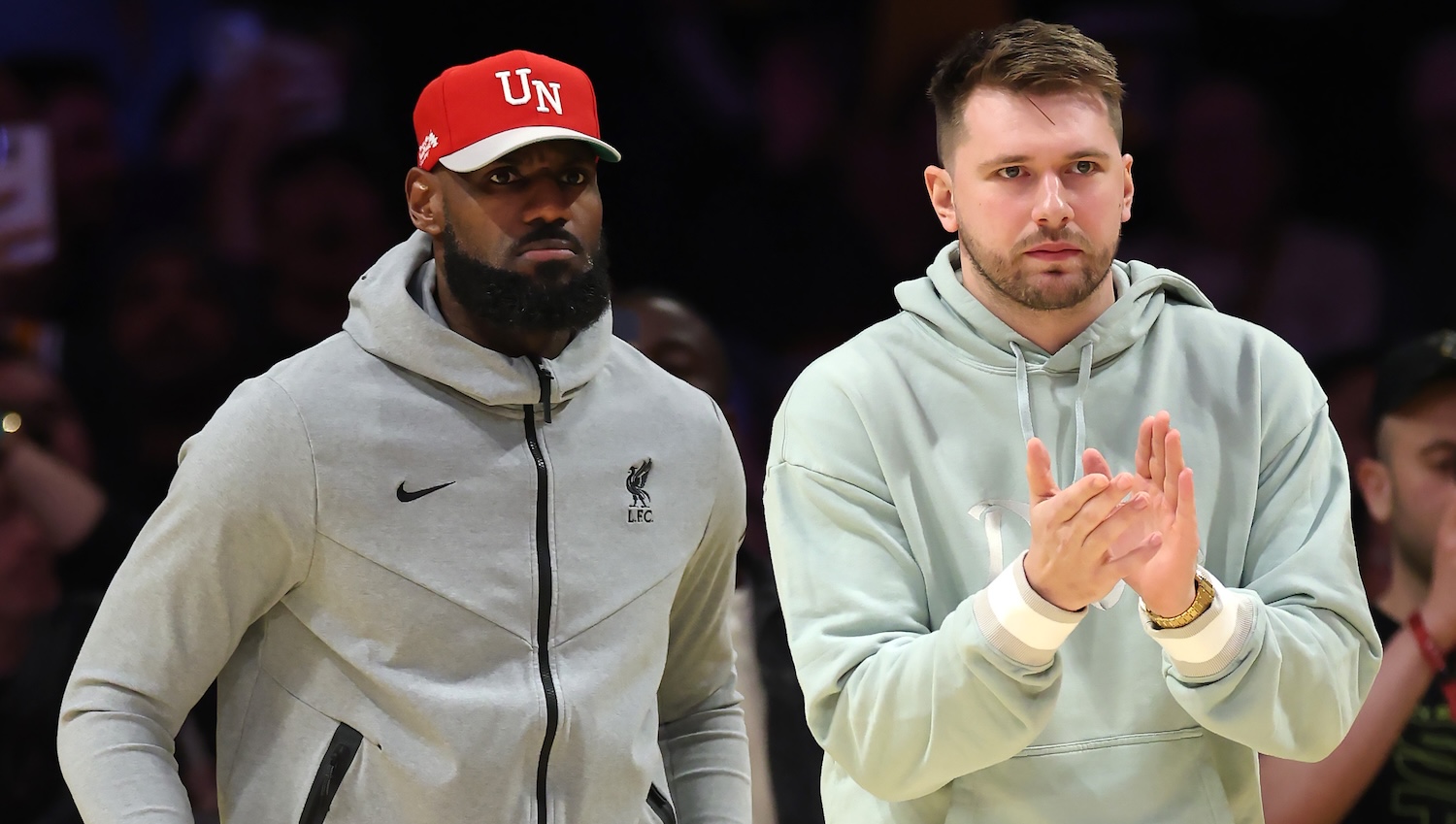 LOS ANGELES, CALIFORNIA - FEBRUARY 08: Luka Doncic #77 and LeBron James #23 of the Los Angeles Lakers look on during the fourth quarter of a game against the Indiana Pacers at Crypto.com Arena on February 08, 2025 in Los Angeles, California. NOTE TO USER: User expressly acknowledges and agrees that, by downloading and or using this photograph, User is consenting to the terms and conditions of the Getty Images License Agreement. (Photo by Harry How/Getty Images)