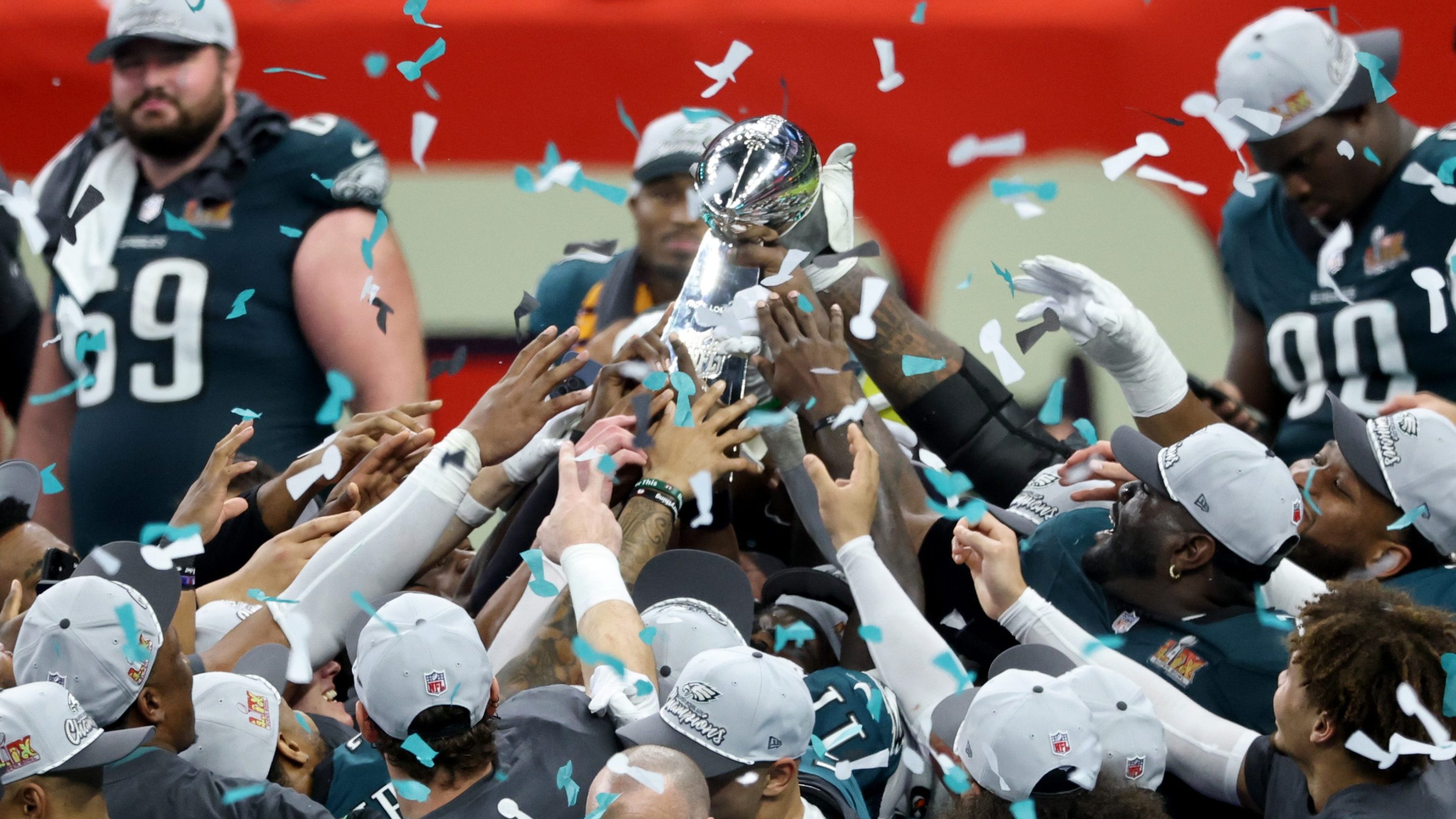 The Philadelphia Eagles celebrate with the Vince Lombardi Trophy after beating the Kansas City Chiefs 40-22 to win Super Bowl LIX at Caesars Superdome on February 09, 2025 in New Orleans, Louisiana.