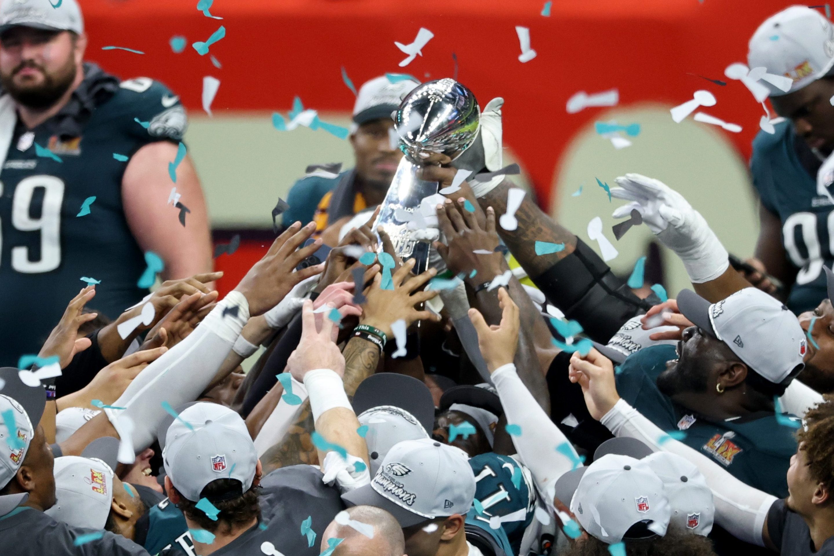 The Philadelphia Eagles celebrate with the Vince Lombardi Trophy after beating the Kansas City Chiefs 40-22 to win Super Bowl LIX at Caesars Superdome on February 09, 2025 in New Orleans, Louisiana.