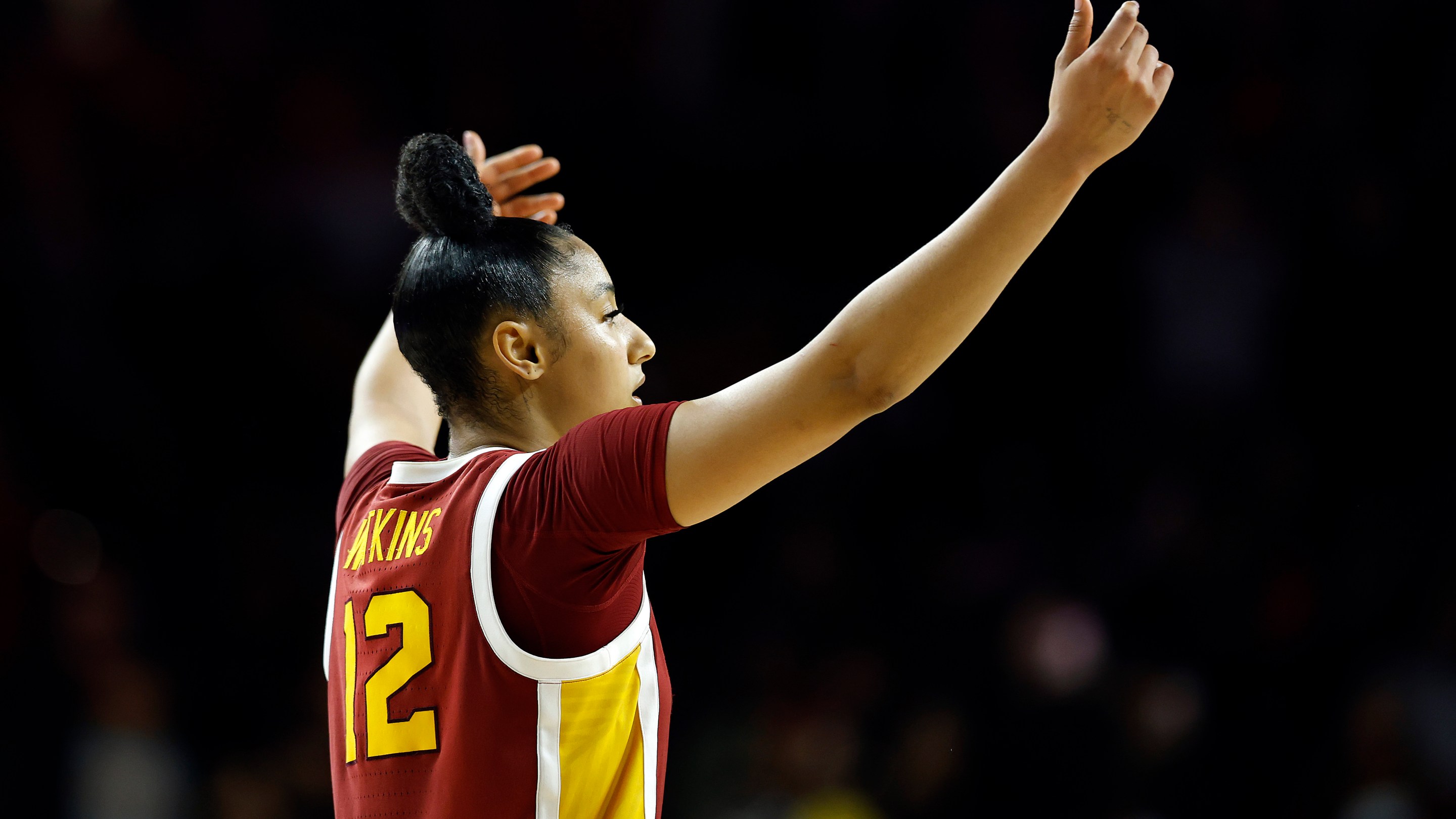 JuJu Watkins #12 of the USC Trojans celebrates a 71-60 win against the UCLA Bruins in the second half at Galen Center on February 13, 2025 in Los Angeles, California.