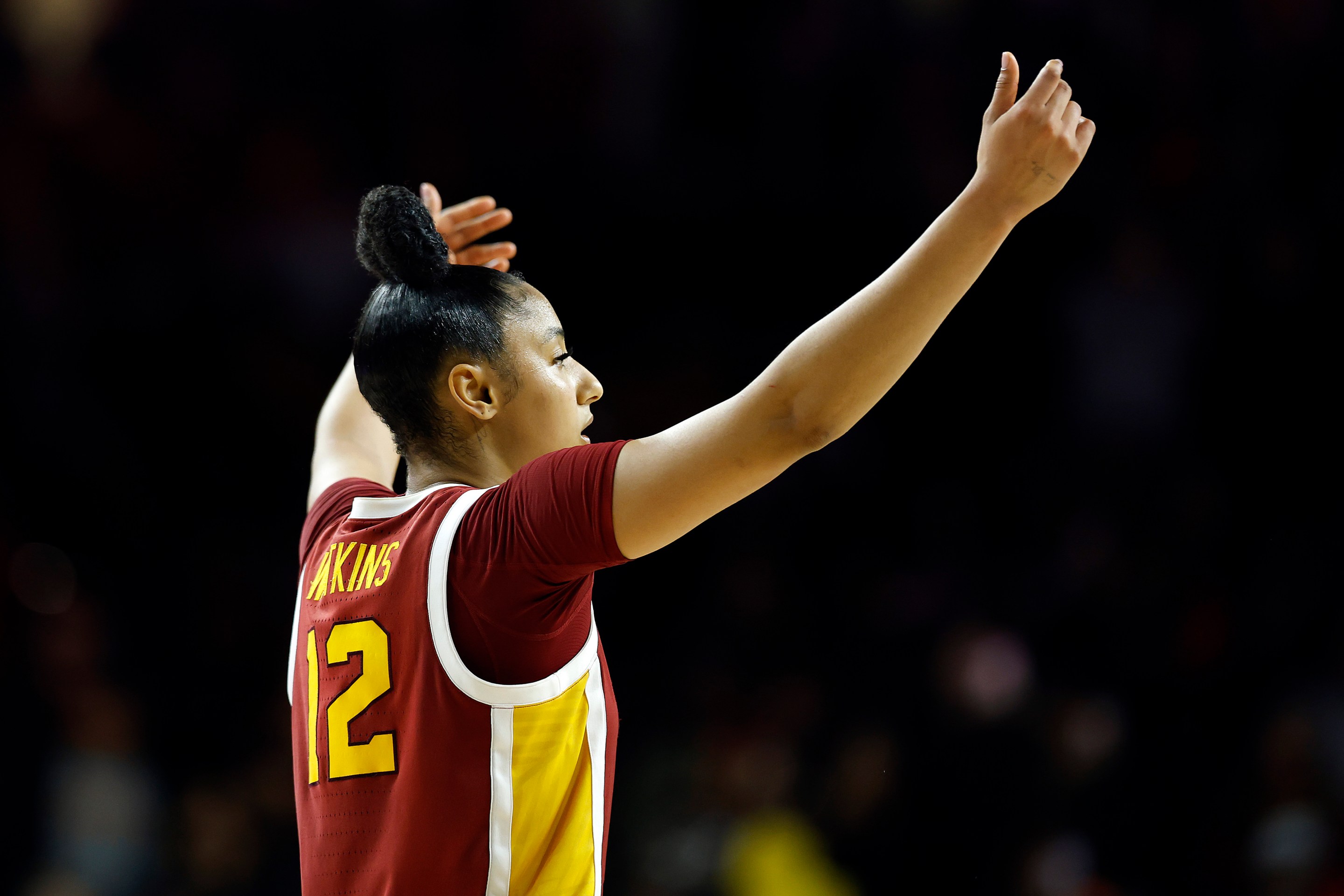 JuJu Watkins #12 of the USC Trojans celebrates a 71-60 win against the UCLA Bruins in the second half at Galen Center on February 13, 2025 in Los Angeles, California.