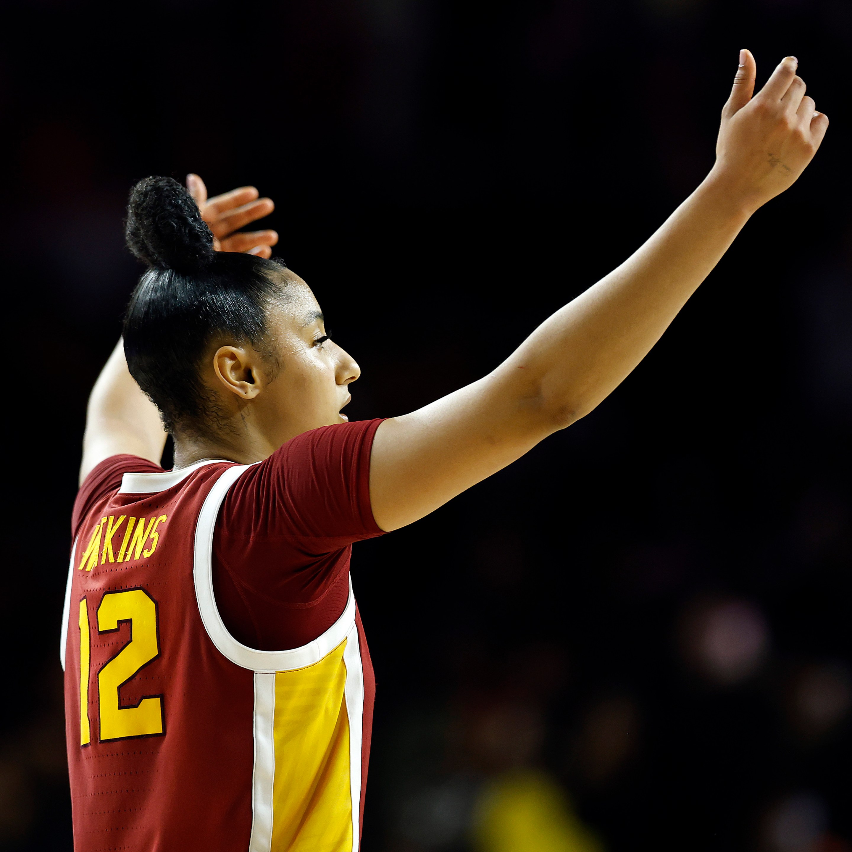 JuJu Watkins #12 of the USC Trojans celebrates a 71-60 win against the UCLA Bruins in the second half at Galen Center on February 13, 2025 in Los Angeles, California.