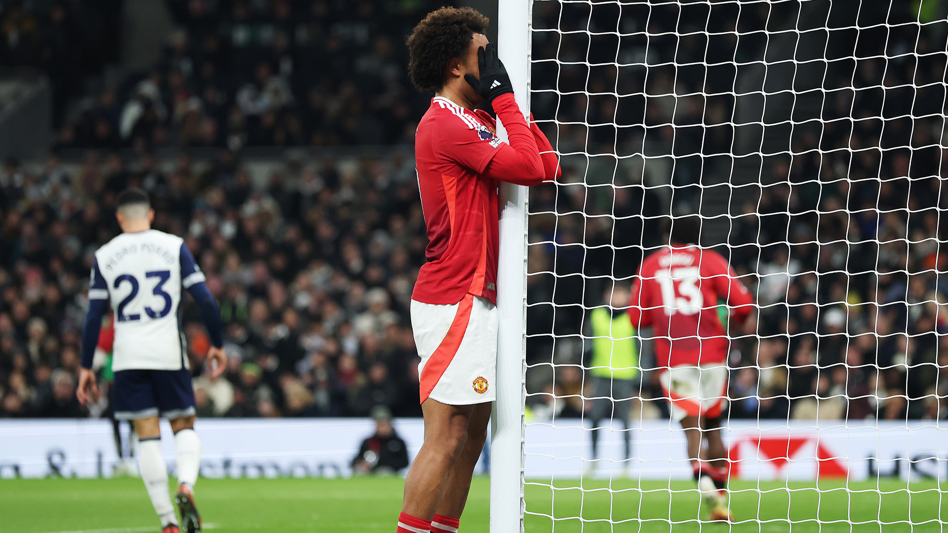 Joshua Zirkzee of Manchester United reacts after a missed chance during the Premier League match between Tottenham Hotspur FC and Manchester United FC at Tottenham Hotspur Stadium on February 16, 2025 in London, England.