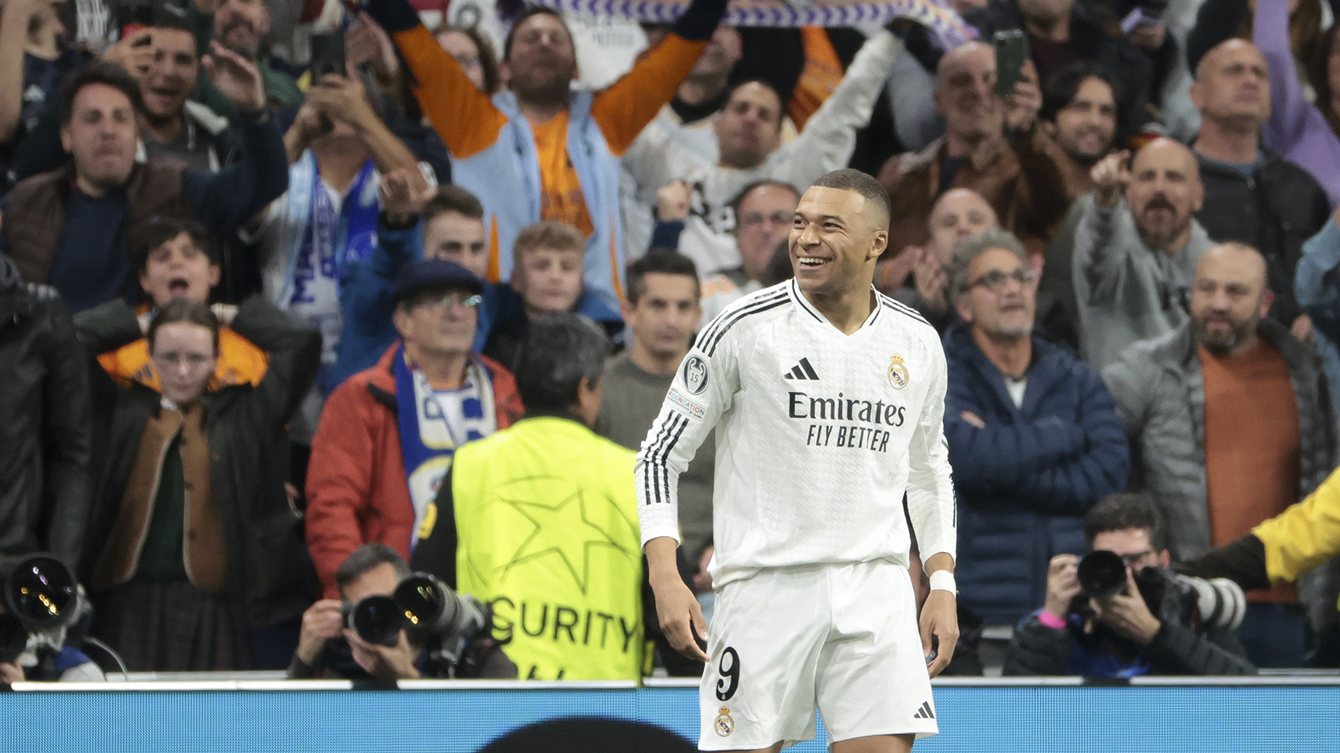 Kylian Mbappe of Real Madrid celebrates his second goal during the UEFA Champions League 2024/25 League Knockout Play-off second leg match between Real Madrid C.F. and Manchester City at Estadio Santiago Bernabeu on February 19, 2025 in Madrid, Spain.